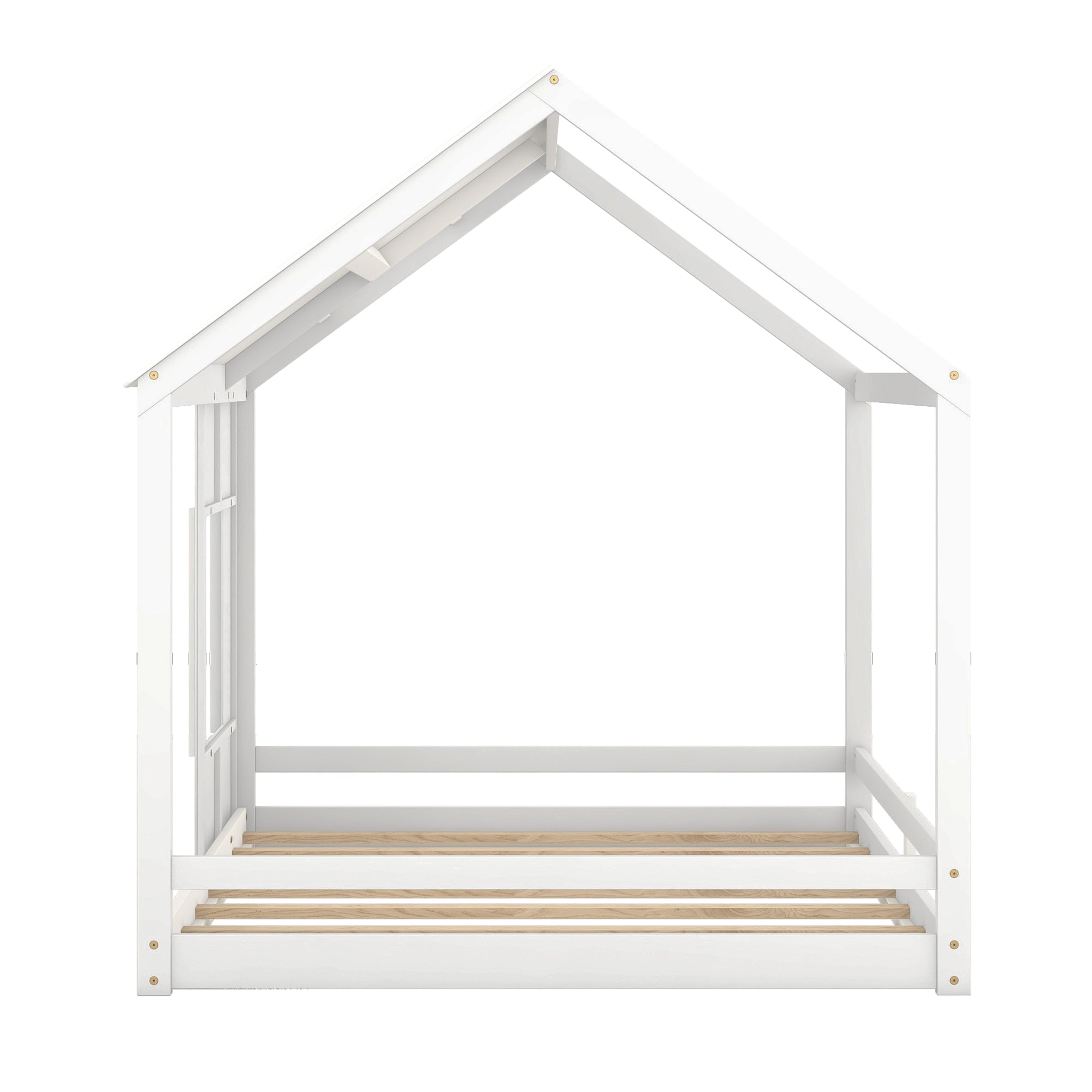 Full Size House Bed with Roof and Window - White