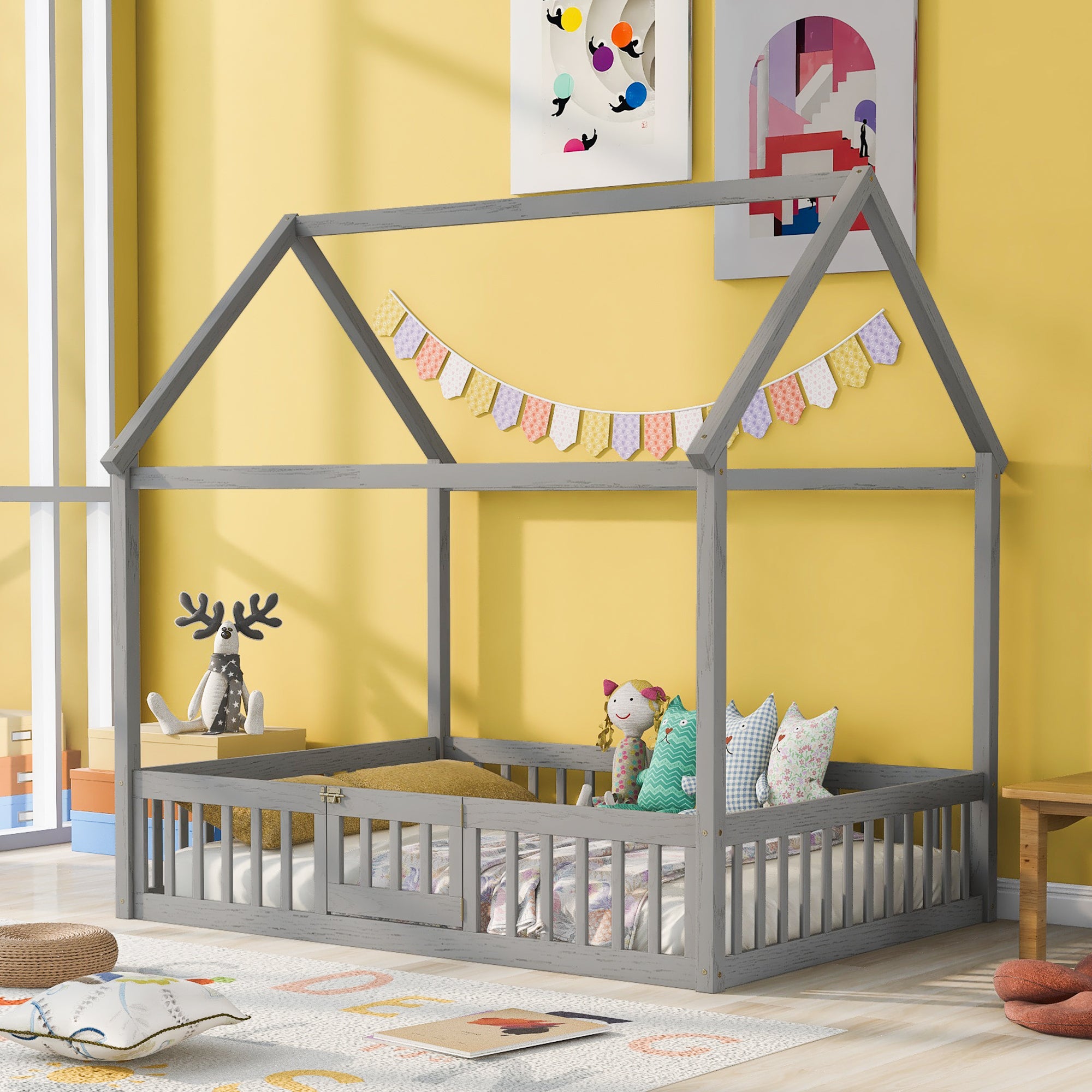 Full Size Wood House Bed with Fence and Door, Gray Wash - Atlantic Fine Furniture Melbourne FL