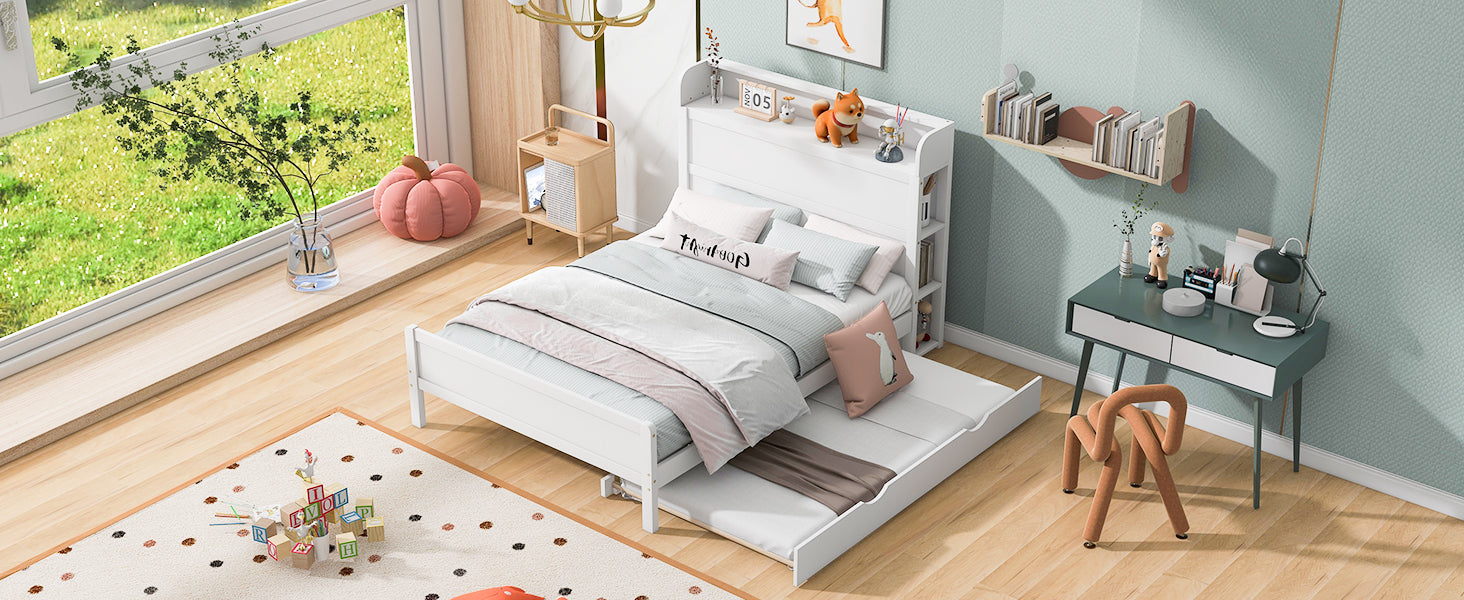 Full Size Platform Bed with Storage Headboard and Twin Size Trundle, White - Atlantic Fine Furniture Melbourne FL