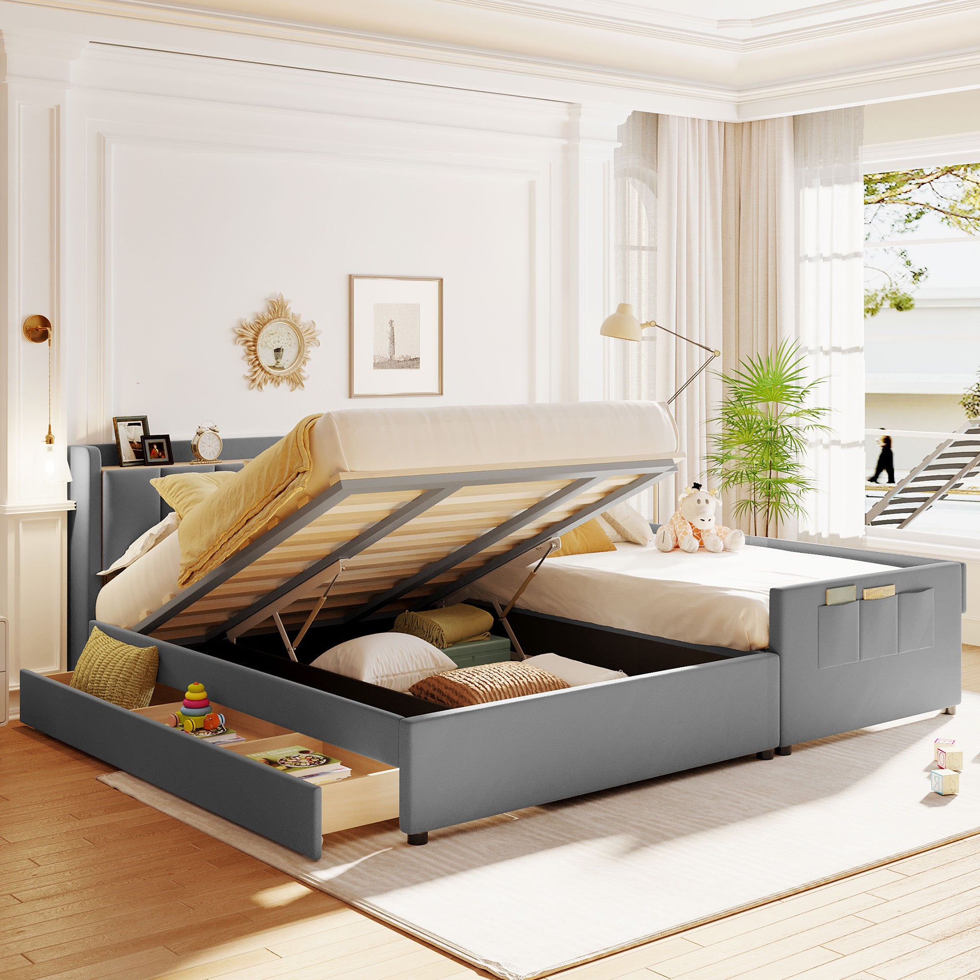 Queen Size & Twin XL Size Upholstered Platform Bed, Mother & Child Bed with Hydraulic Storage System, Drawer Box, Bedhead storage shelf and Two pairs of sockets & USB Ports, PU Leather, Gray - Atlantic Fine Furniture Melbourne FL