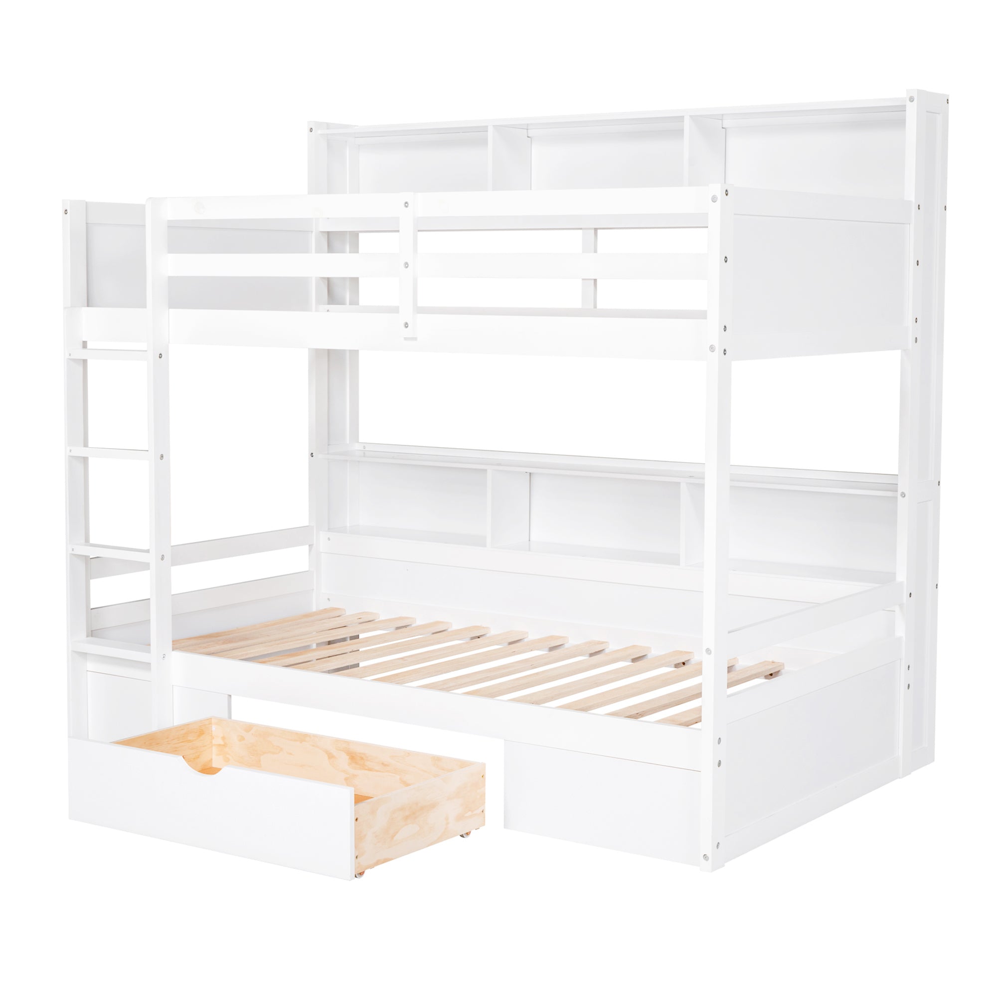 Twin Size Bunk Bed with Built-in Shelves Beside both Upper and Down Bed and Storage Drawer,White