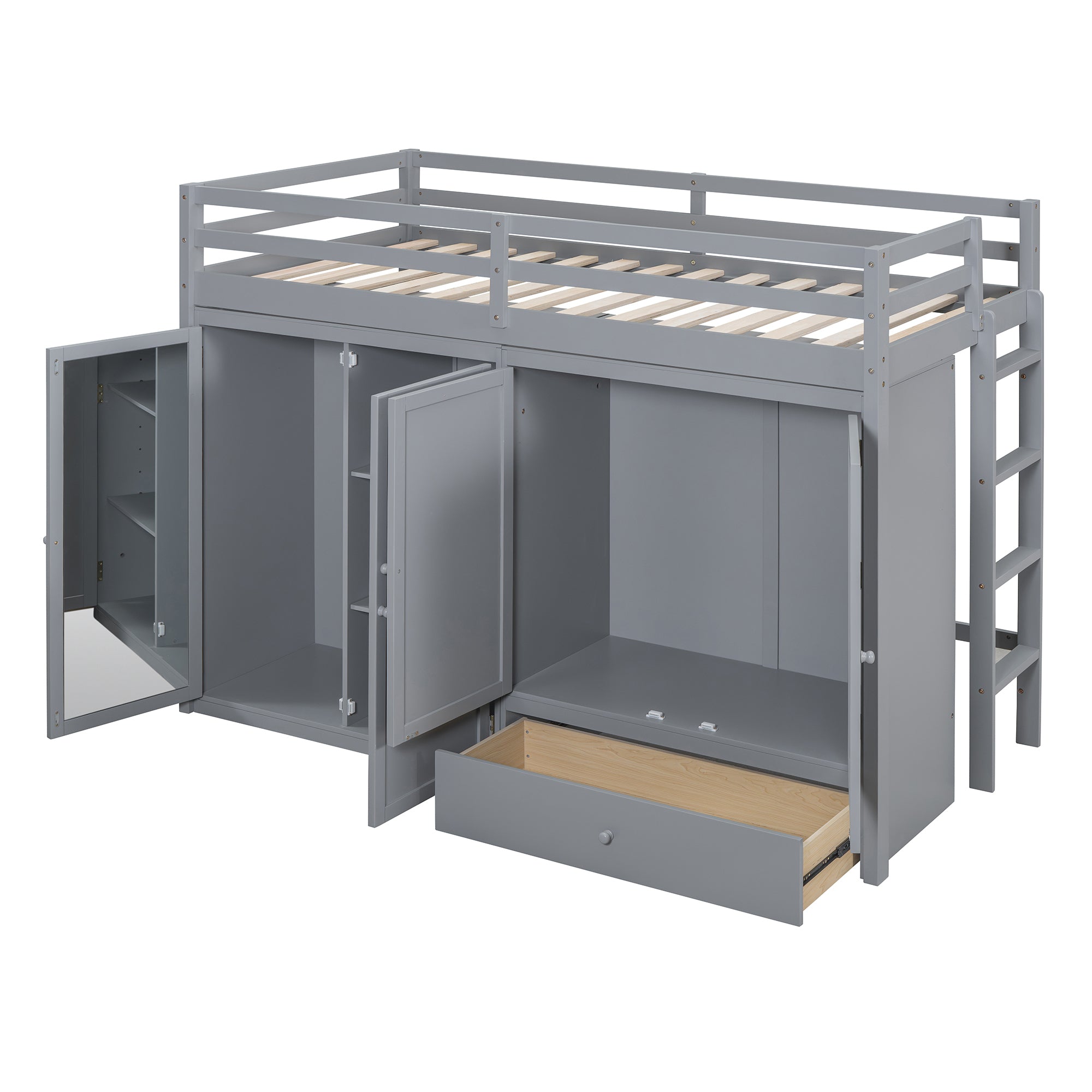 Twin size Loft Bed with Drawer, Two Wardrobes and Mirror, Gray - Atlantic Fine Furniture Melbourne FL