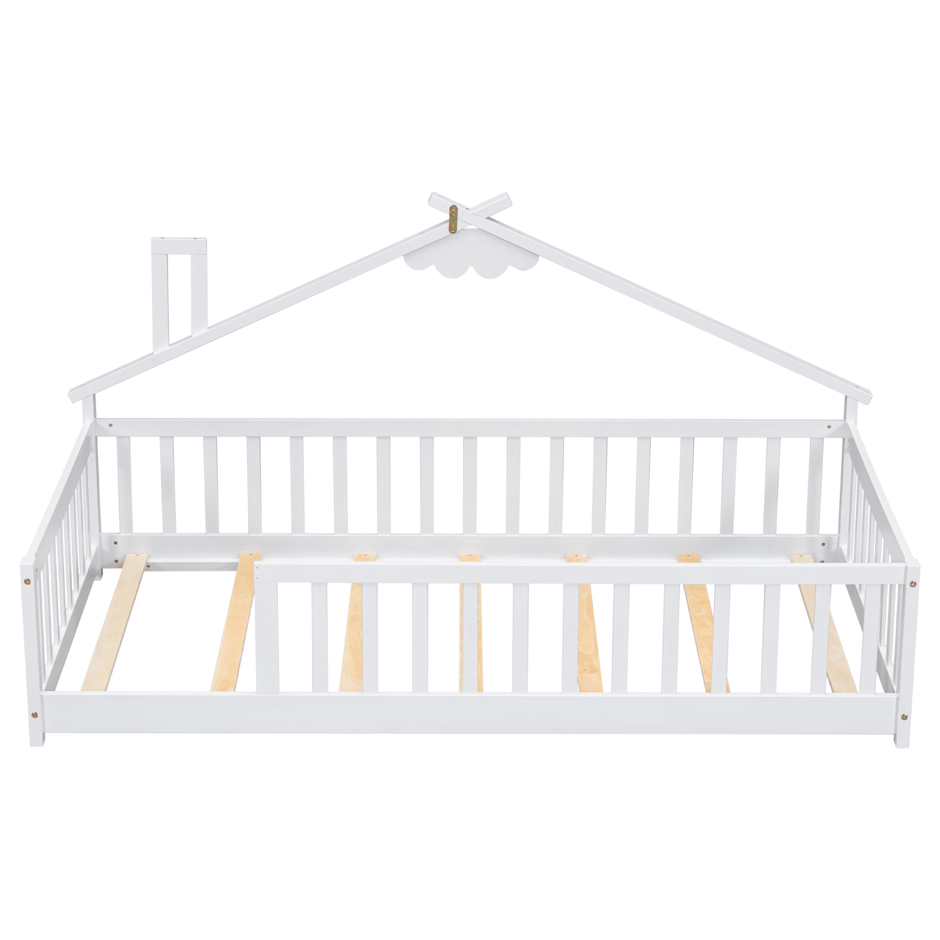 Twin House-Shaped Bedside Floor Bed with Guardrails, Slats, without Door,White