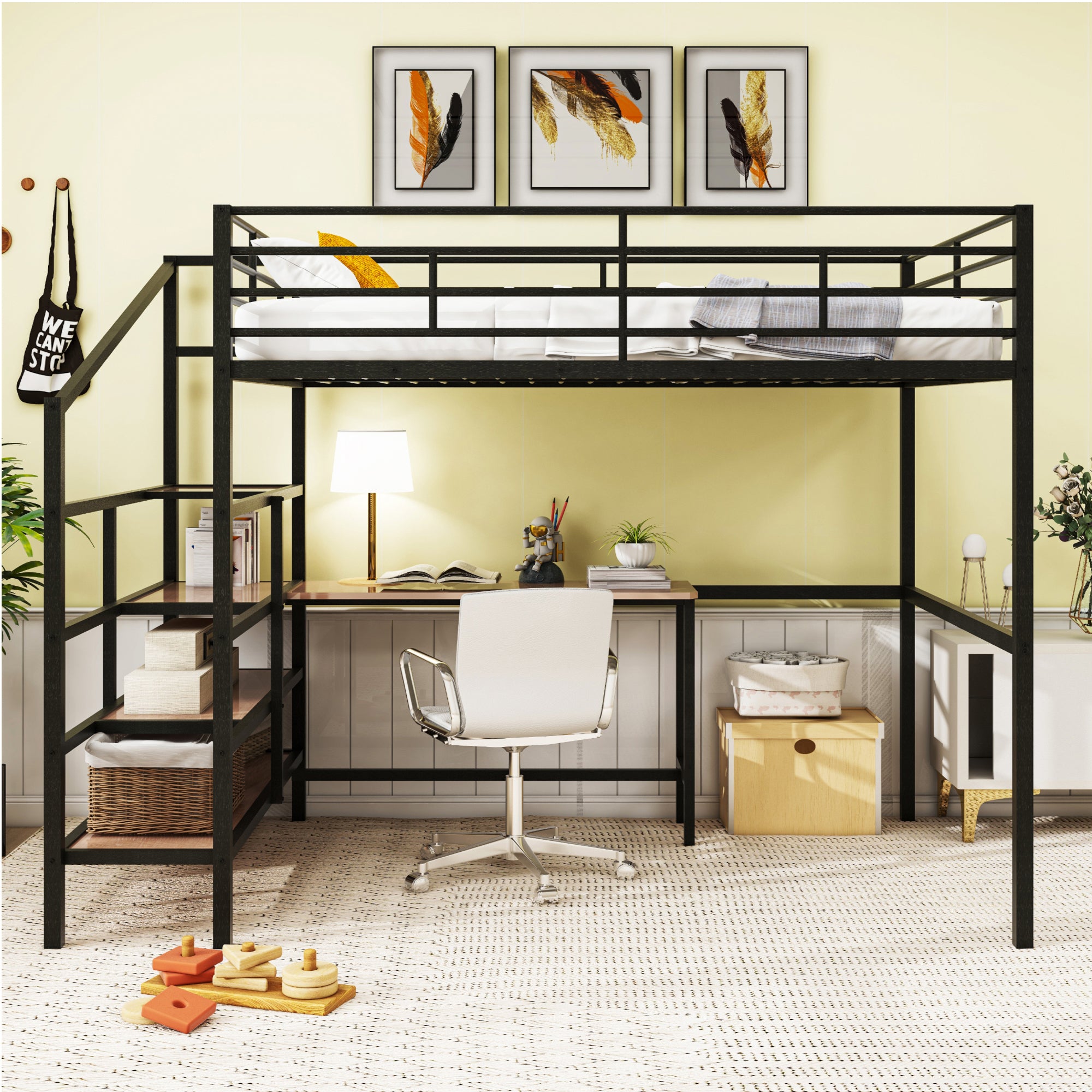 Full Size Metal Loft Bed with Desk and Lateral Storage Ladder, Black - Atlantic Fine Furniture Melbourne FL