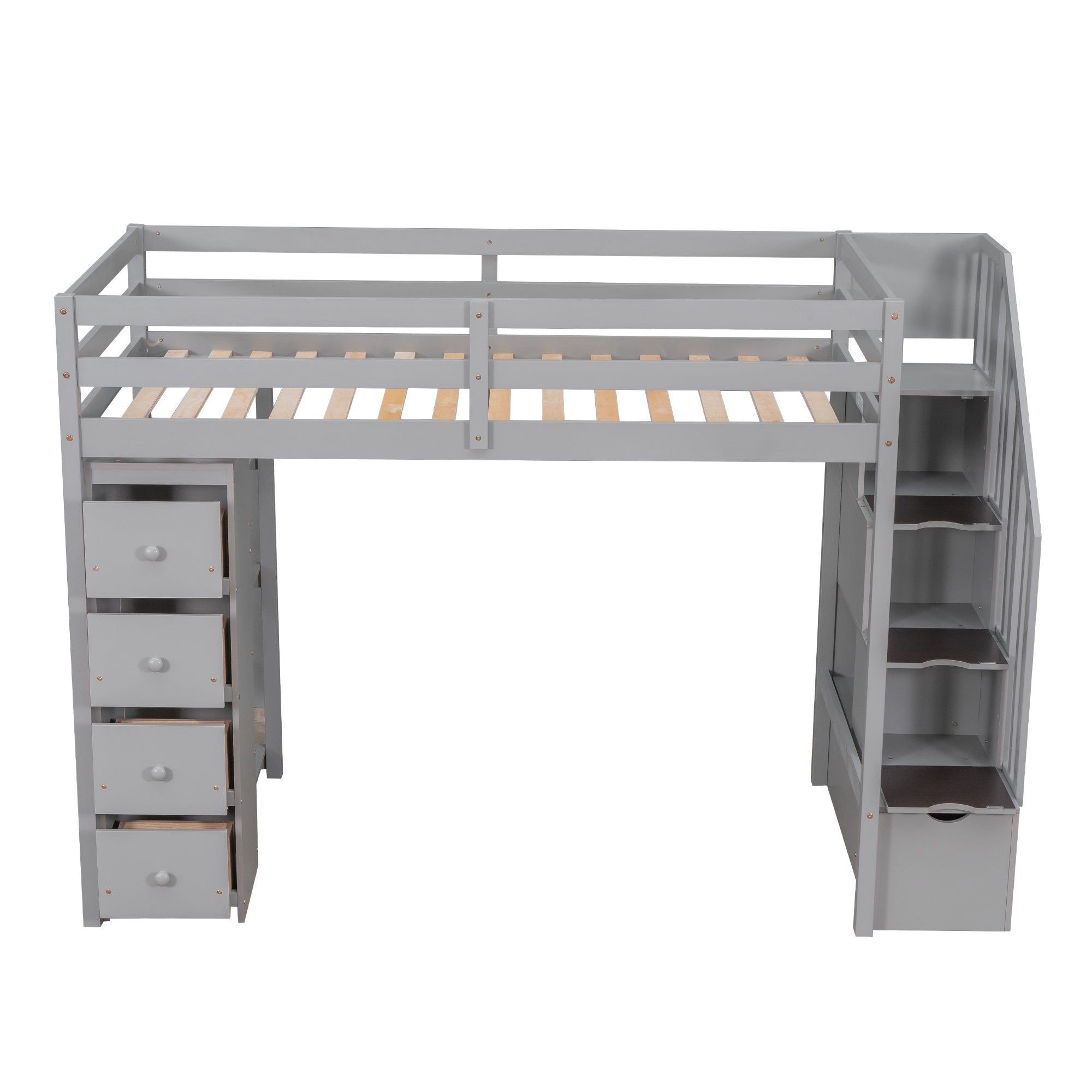 Twin size Loft Bed with Storage Drawers and Stairs, Wooden Loft Bed with Shelves - Gray - Atlantic Fine Furniture Melbourne FL