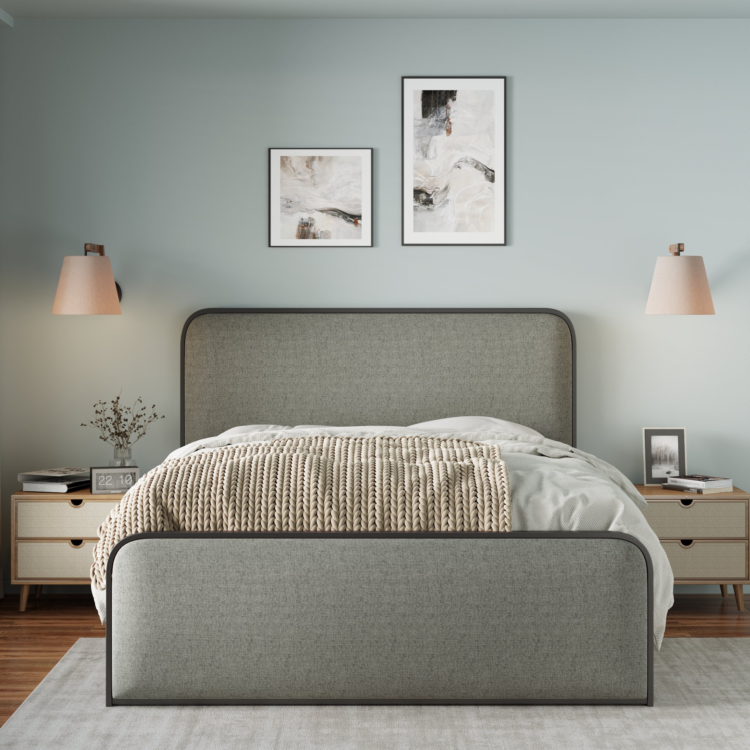 Modern Metal Bed Frame with Curved Upholstered Headboard and Footboard Bed with Under Bed Storage, Heavy Duty Metal Slats, Queen Size, Grey - Atlantic Fine Furniture Melbourne FL