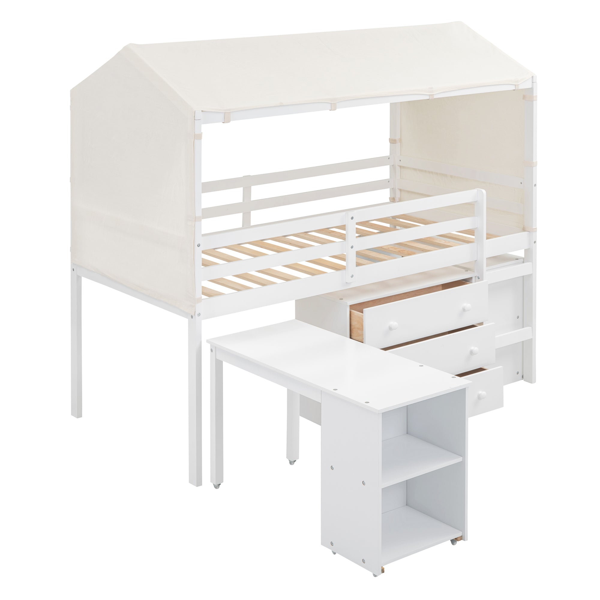 Twin Size Loft Bed with Rolling Cabinet, Shelf and Tent - White - Atlantic Fine Furniture Melbourne FL