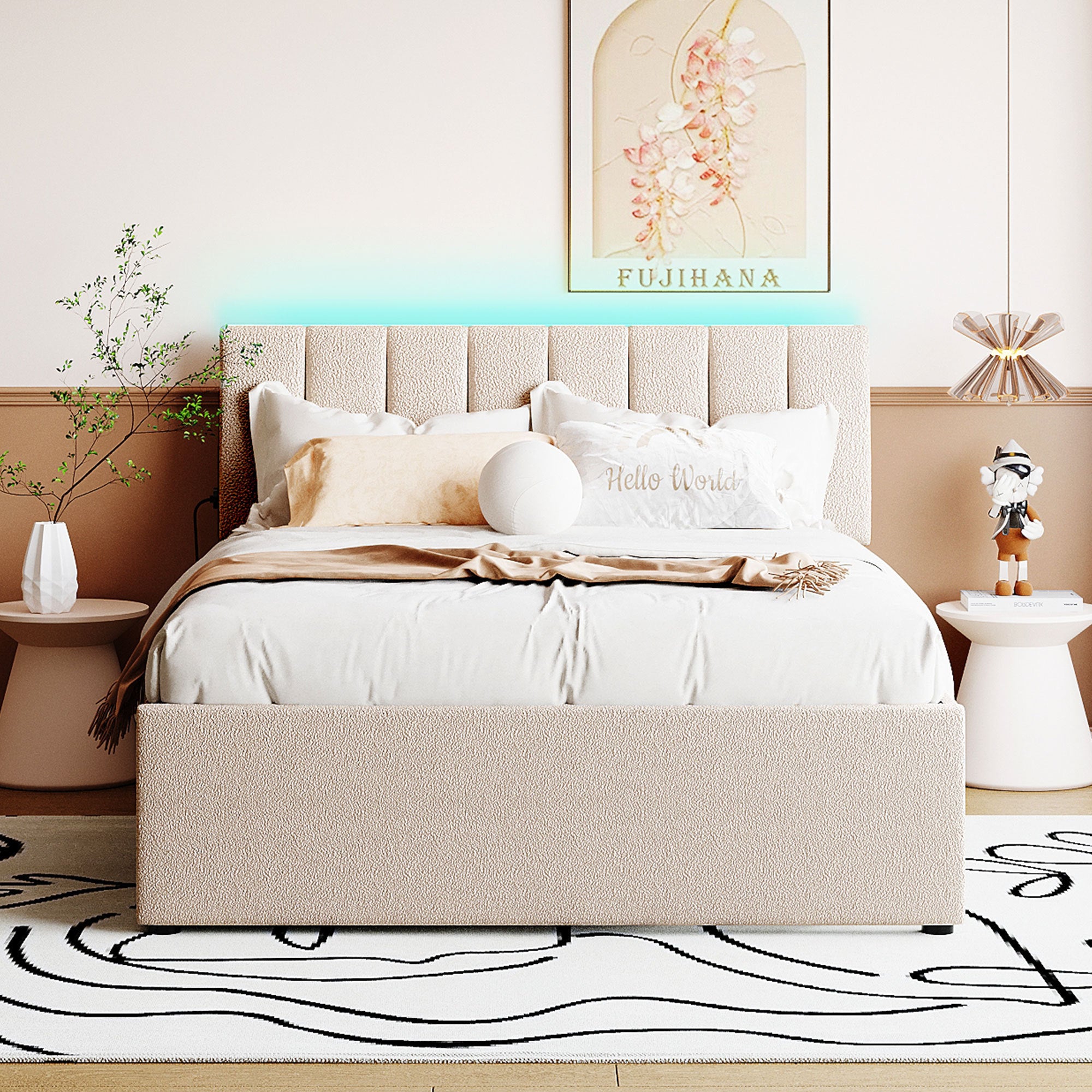 Teddy Fleece Full Size Upholstered Platform Bed with Trundle, Beige - Atlantic Fine Furniture Melbourne FL