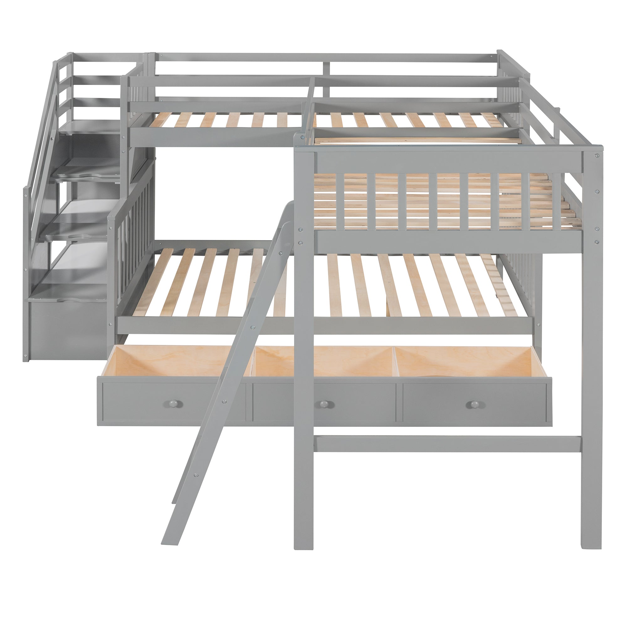 Twin over Full L-Shaped Bunk Bed With 3 Drawers, Ladder and Staircase - Gray - Atlantic Fine Furniture Melbourne FL