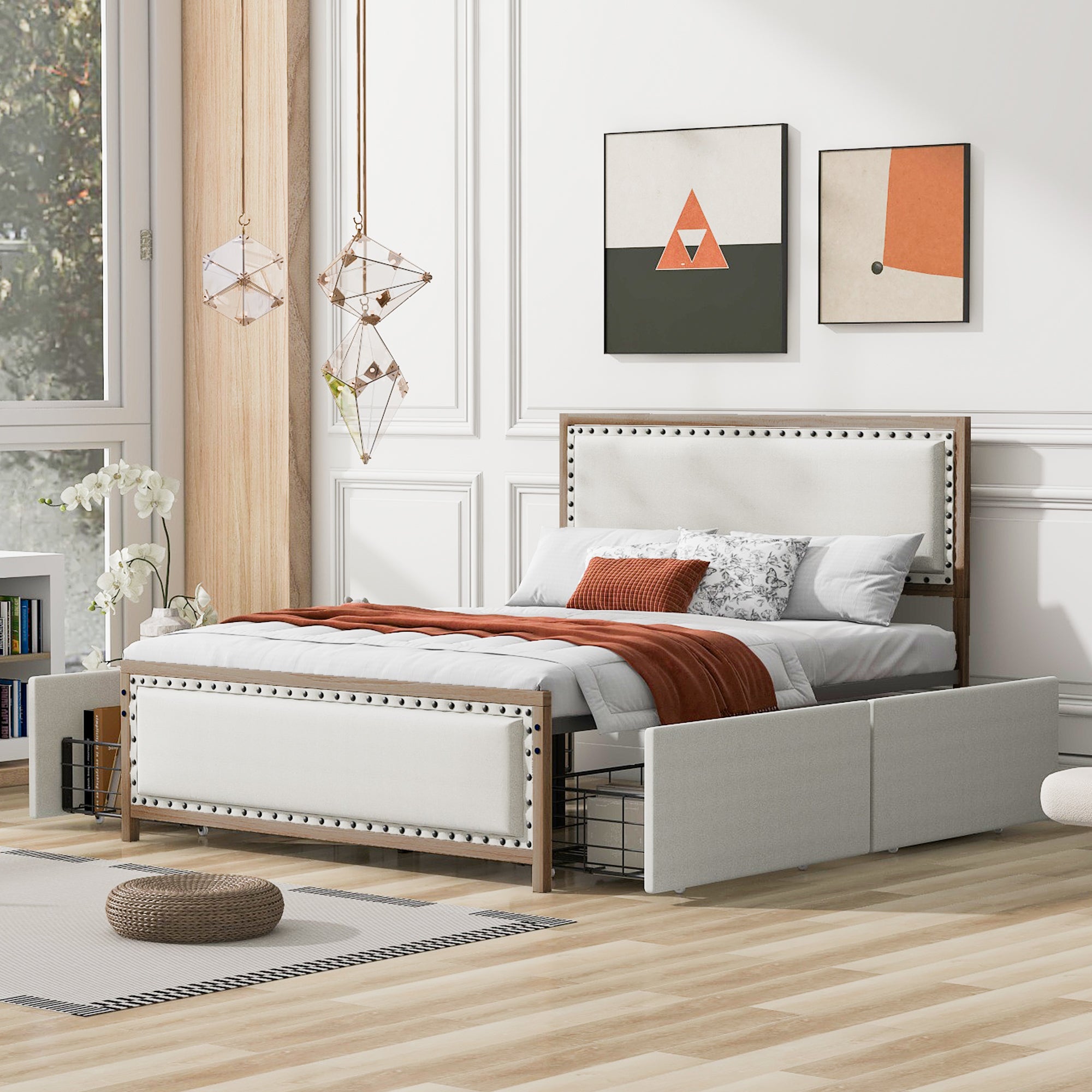 Queen Size Upholstered Platform Bed with Nailhead Decoration and 4 Drawers, Brown - Atlantic Fine Furniture Melbourne FL