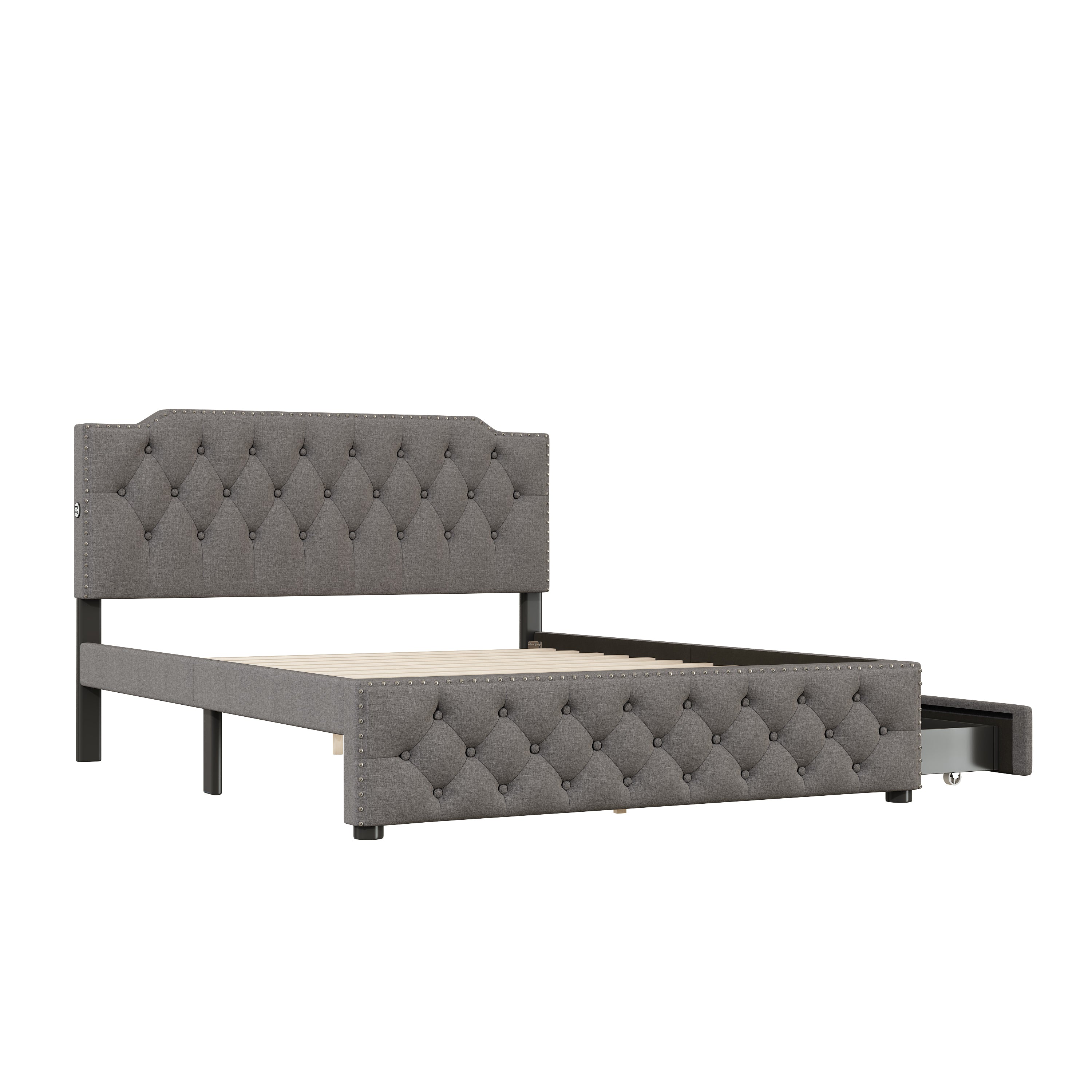 Queen Size Upholstered Platform Bed with 2 Drawers and 2 sets of USB Ports on each side, Linen Fabric, Gray - Atlantic Fine Furniture Melbourne FL