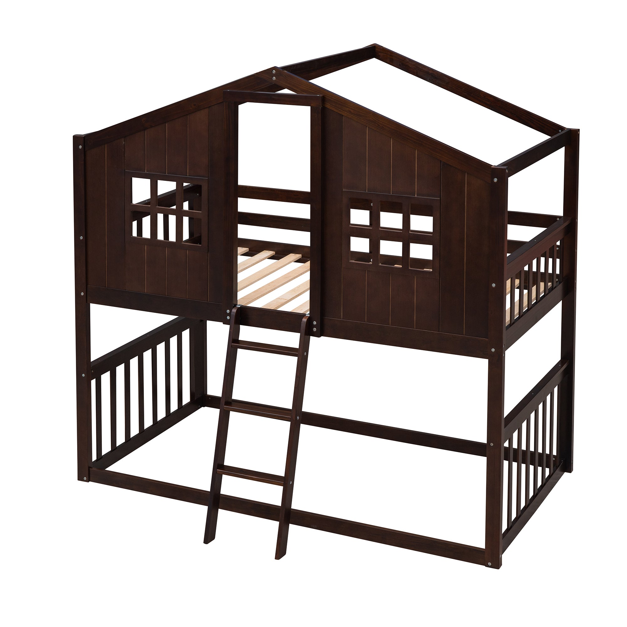 Twin Over Twin House Bunk Bed With Ladder, Wood Bed-Espresso - Atlantic Fine Furniture Melbourne FL