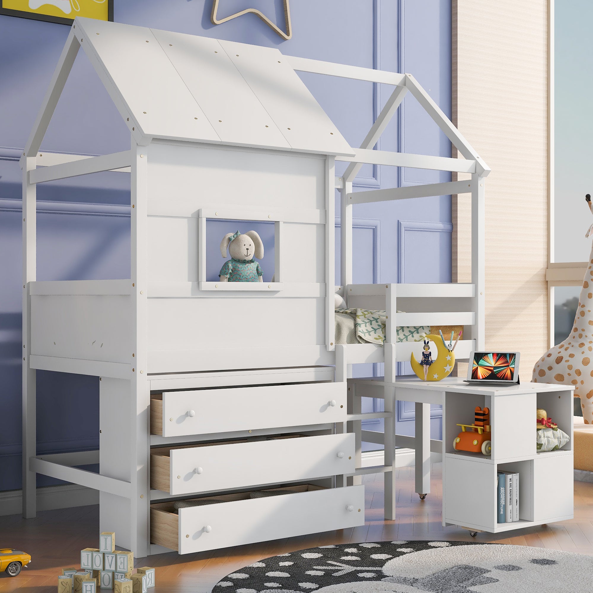 Twin Size House Loft Bed with Storage Desk and 3 Drawer Chest, White - Atlantic Fine Furniture Melbourne FL