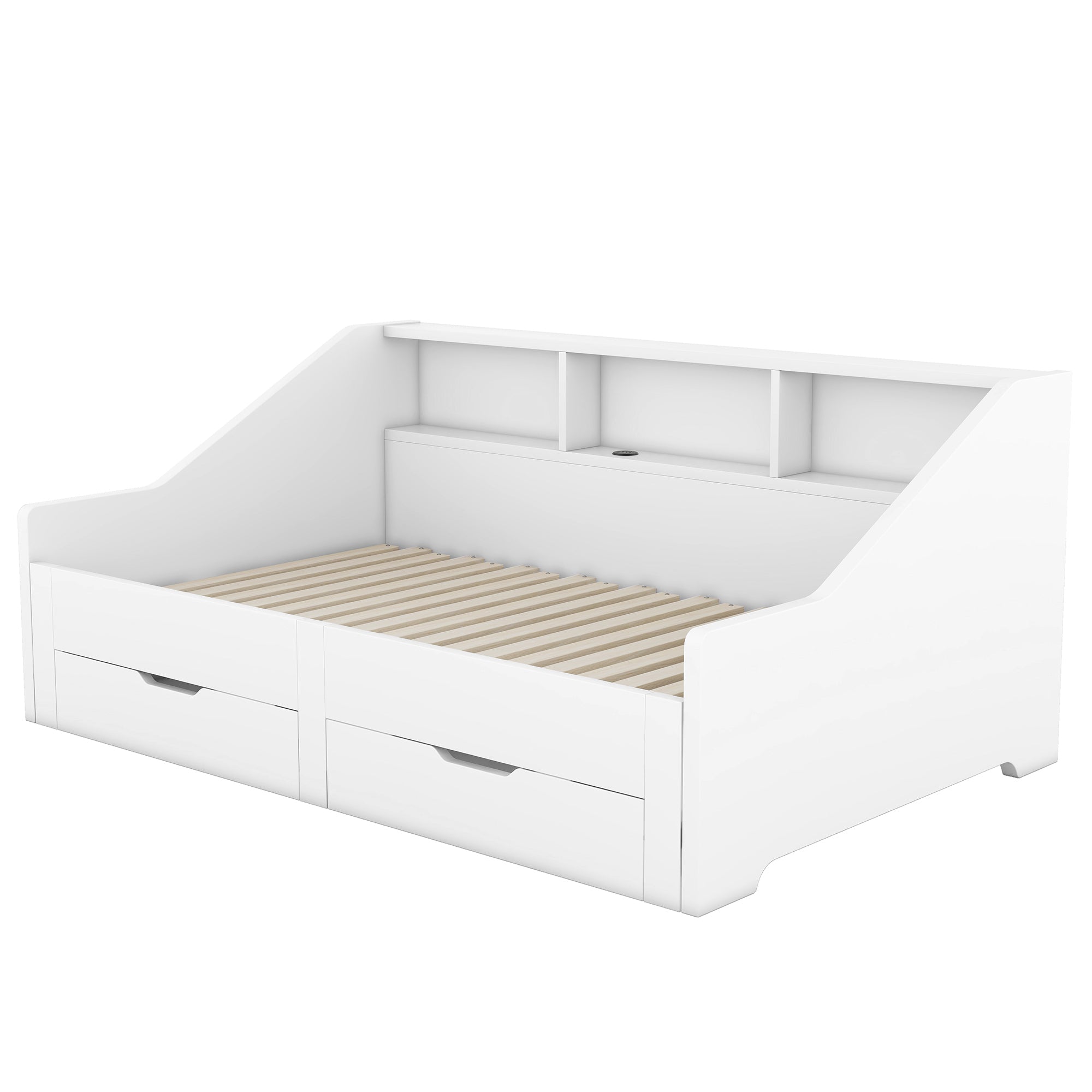 Twin to King Size Daybed Frame with Storage Bookcases and Two Drawers,Charging Design,White - Atlantic Fine Furniture Melbourne FL