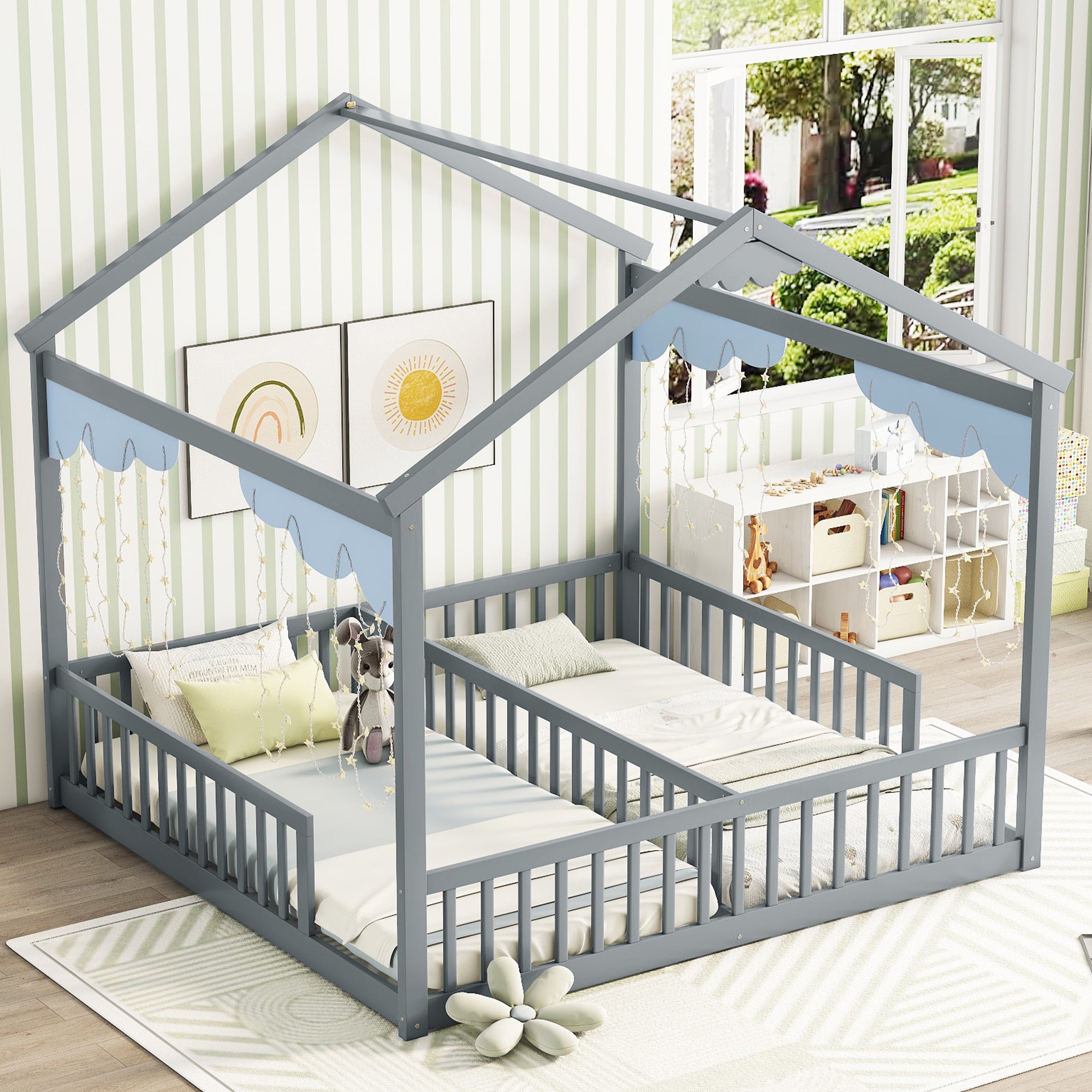 Double Twin House-Style Floor Bed with Fence, Guardrails, without door, Grey