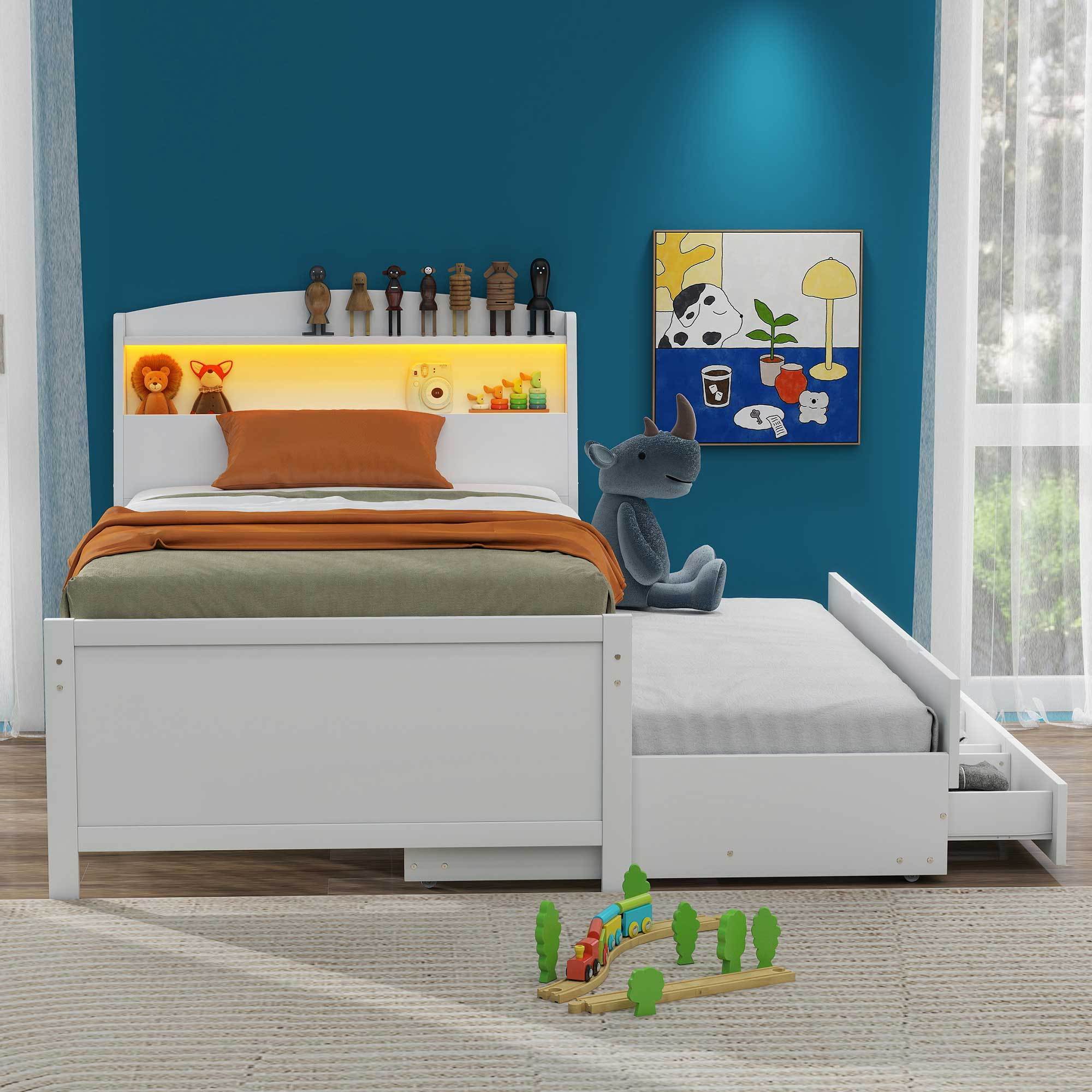 Twin Size Platform Bed with Storage LED Headboard, Twin Size Trundle and 3 Drawers, White - Atlantic Fine Furniture Melbourne FL