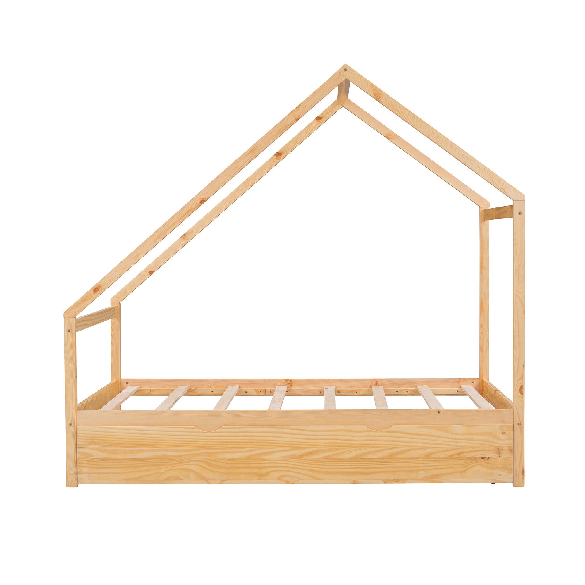 Twin Size Wooden House Bed With Twin Size Trundle, Natural - Atlantic Fine Furniture Melbourne FL