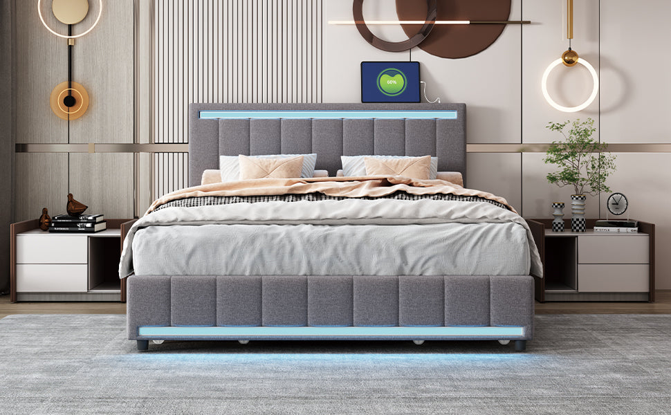 Queen Size Upholstered Bed with LED Light and 4 Drawers, Modern Platform Bed with a set of Sockets and USB Ports, Linen Fabric, Beige - Atlantic Fine Furniture Melbourne FL