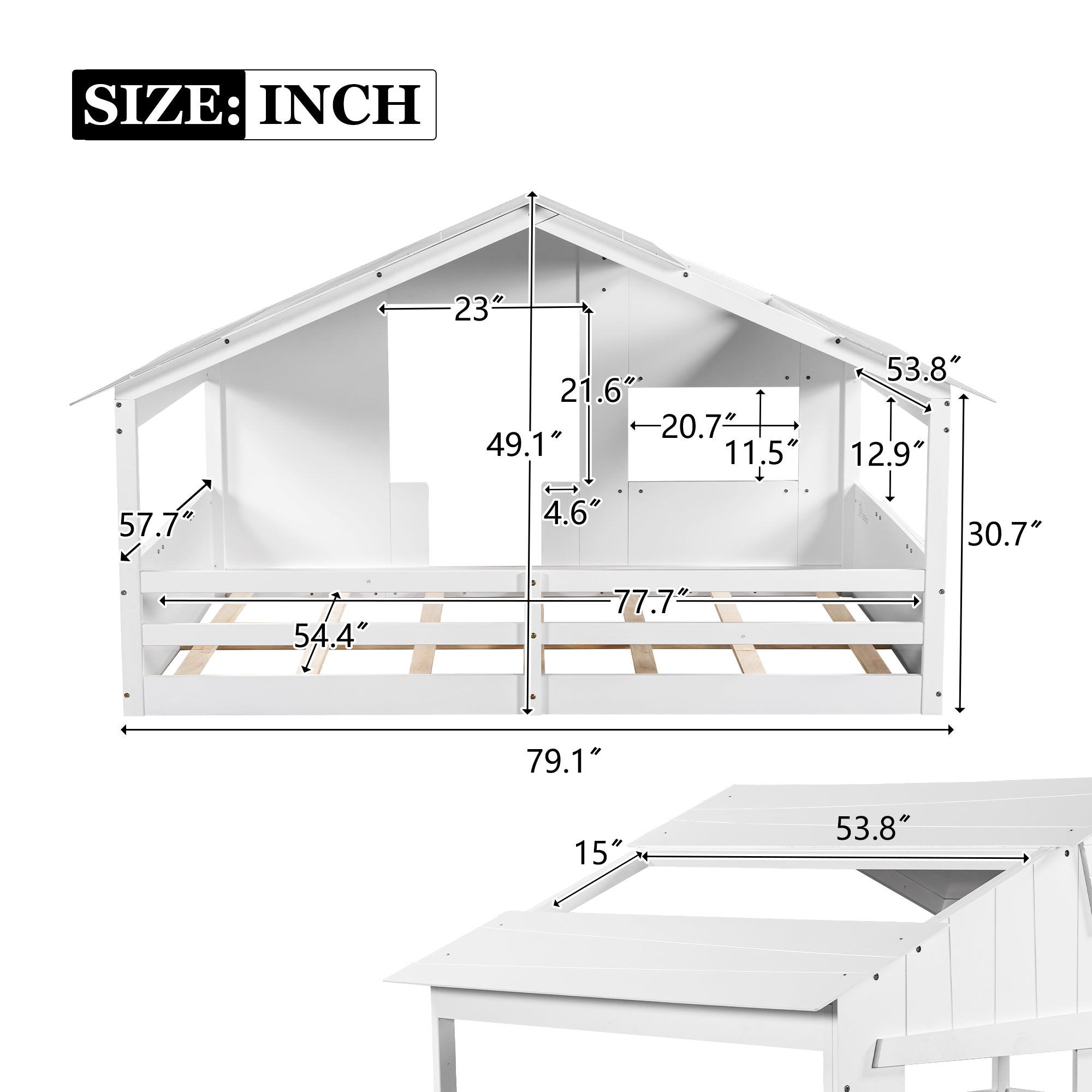 Wood Full Size House Bed with Roof, Window and Guardrail, White - Atlantic Fine Furniture Melbourne FL