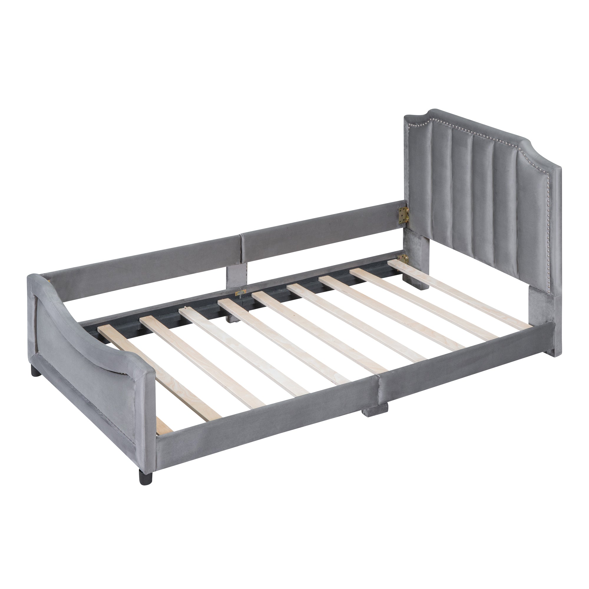 Twin Size Upholstered Daybed with Classic Stripe Shaped Headboard, Gray - Atlantic Fine Furniture Melbourne FL