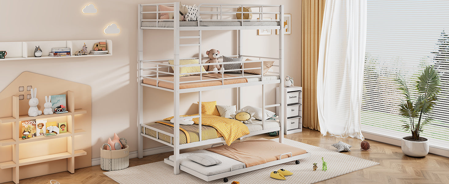 Metal Twin Size Triple Bunk Bed With Trundle, White