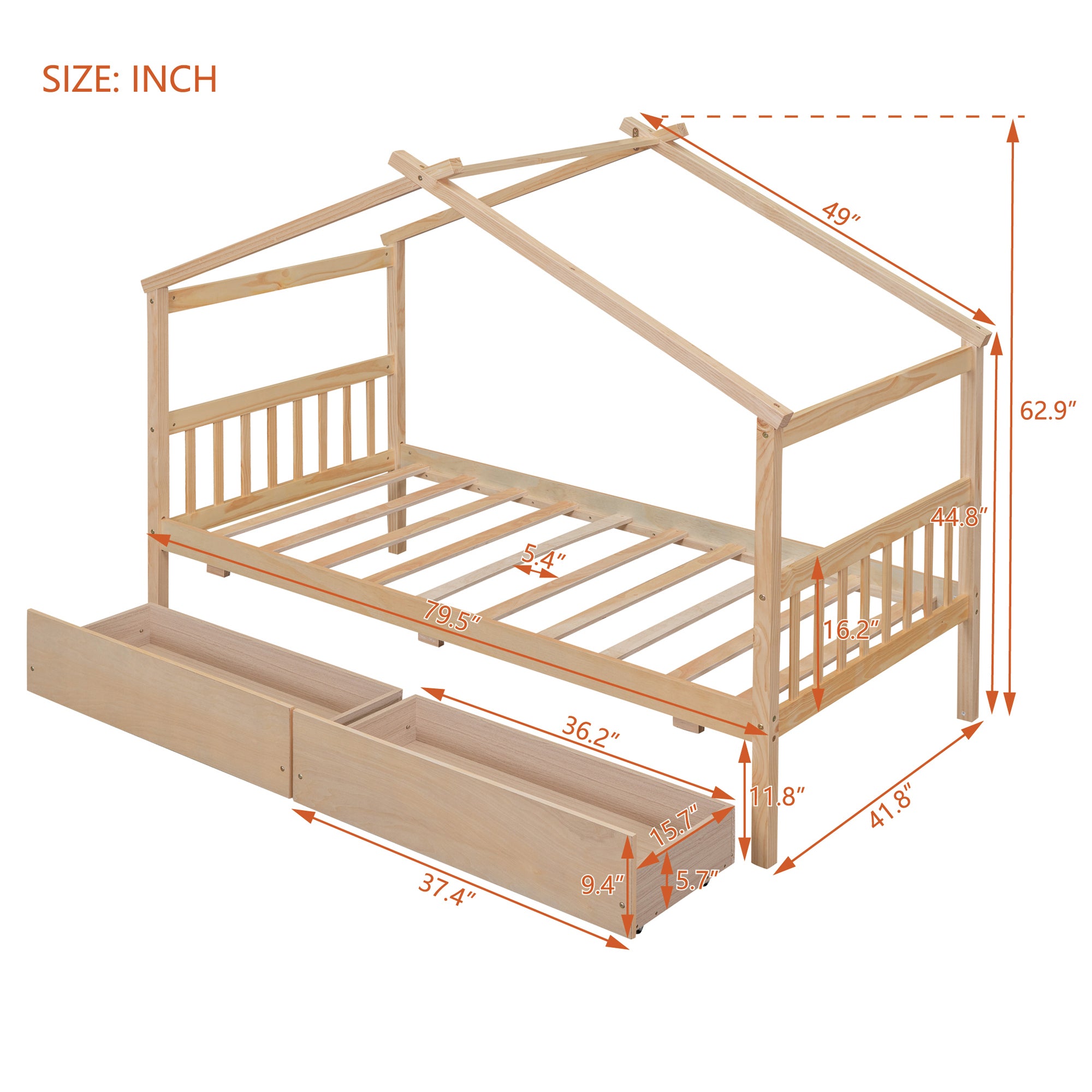 Twin Size Wooden House Bed with Drawers, Natural - Atlantic Fine Furniture Melbourne FL