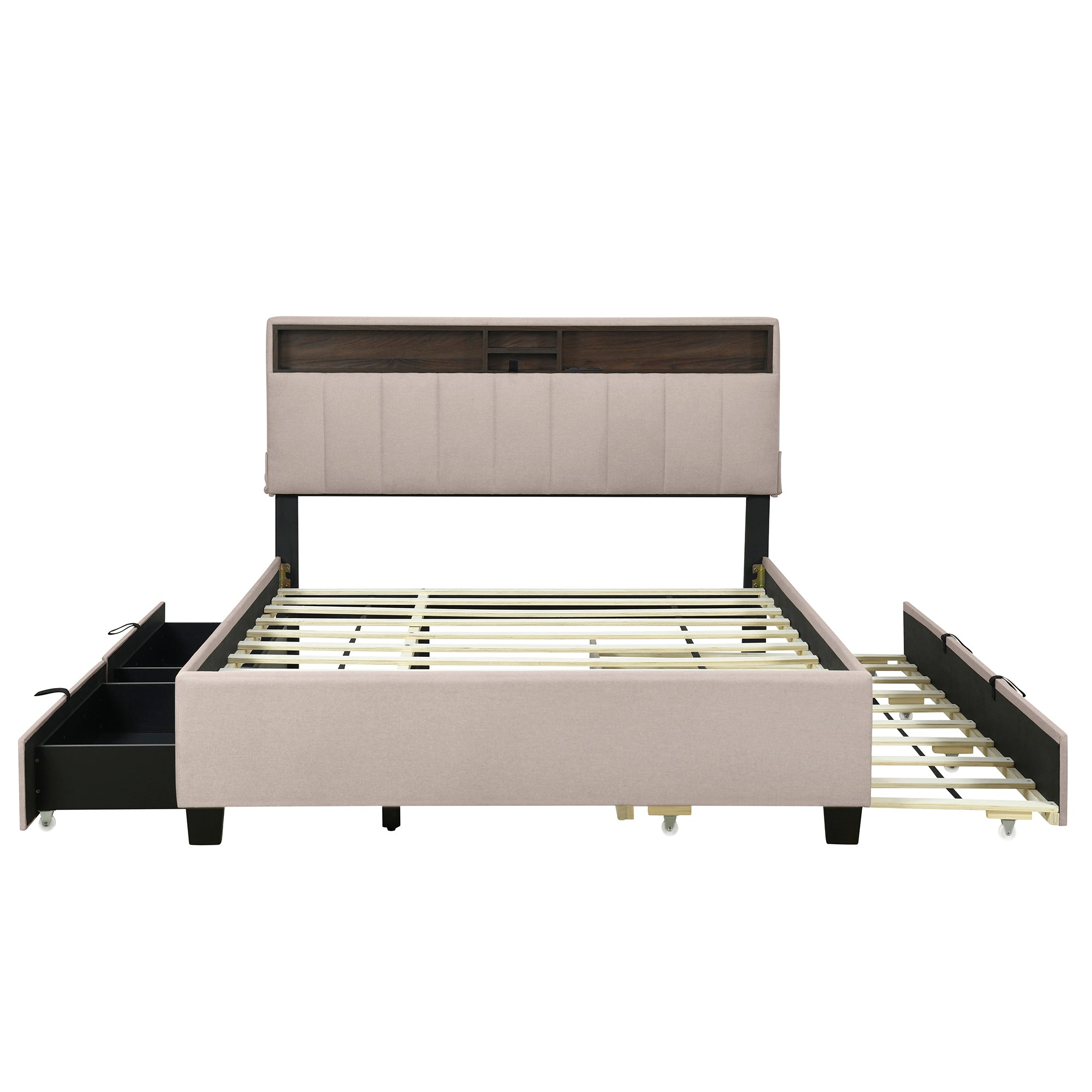 Queen size Upholstered Platform Bed with Storage Headboard, Twin XL Size Trundle & 2 drawers and a set of Sockets & USB Ports, Linen Fabric, Beige - Atlantic Fine Furniture Melbourne FL