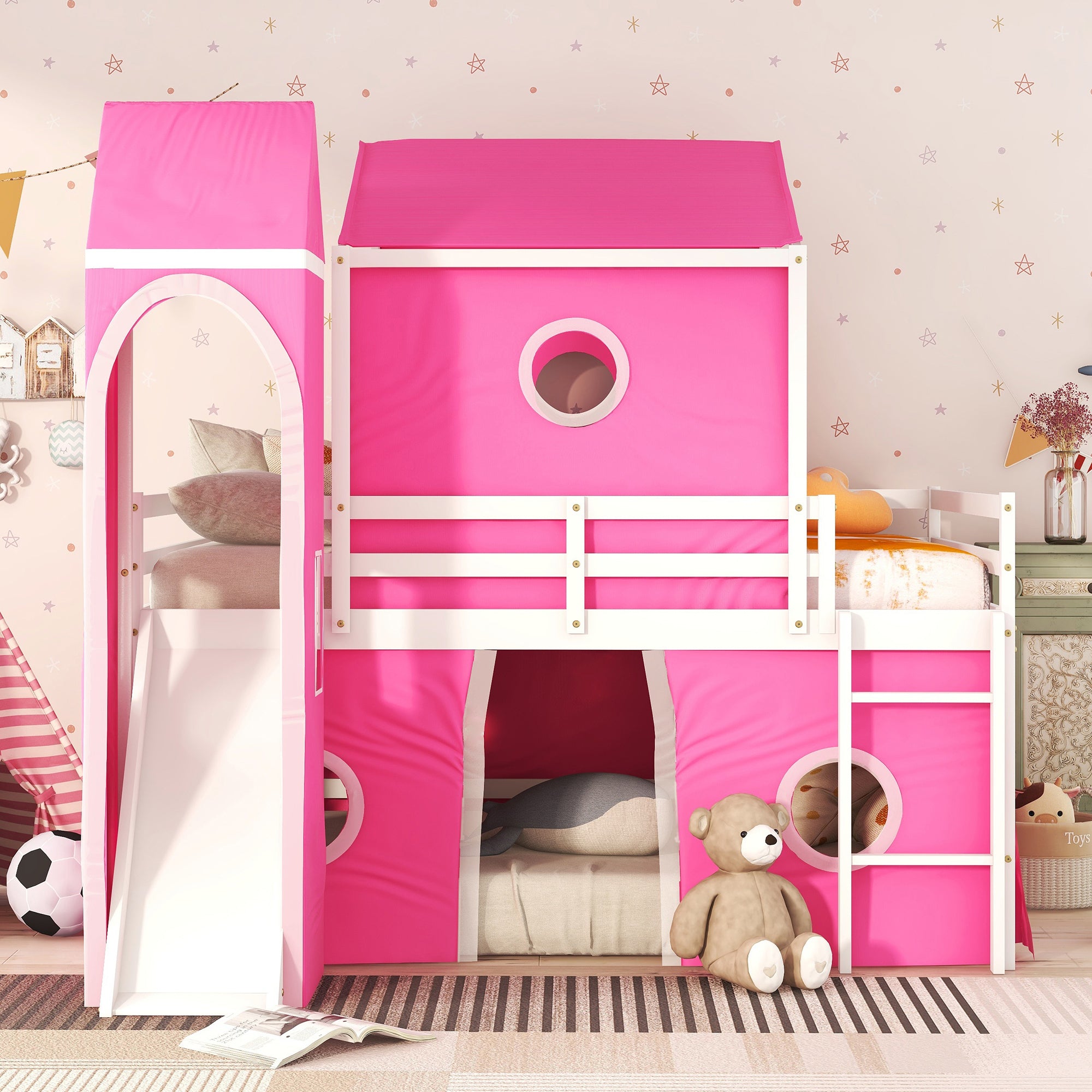 Full Size Bunk Bed with Slide Pink Tent and Tower - Pink