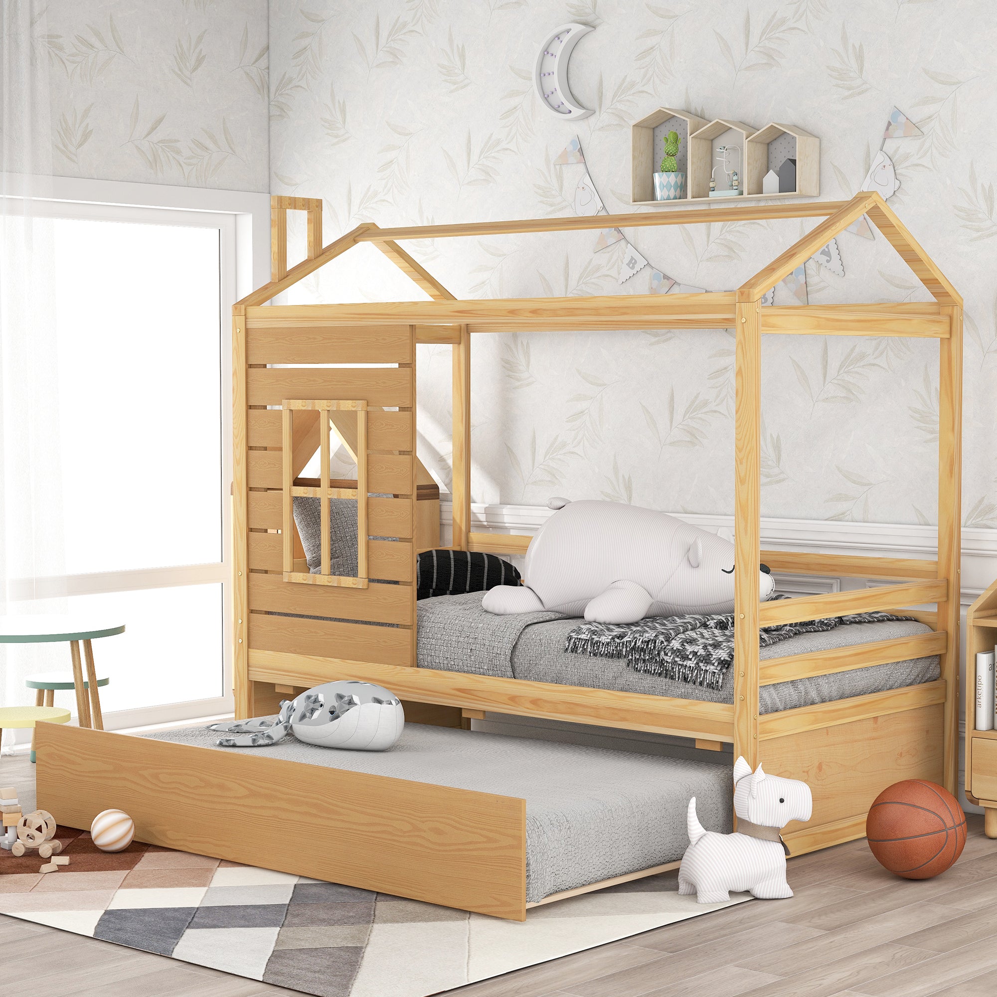 Twin Size House Bed Wood Bed with Twin Size Trundle ( Natural ) - Atlantic Fine Furniture Melbourne FL