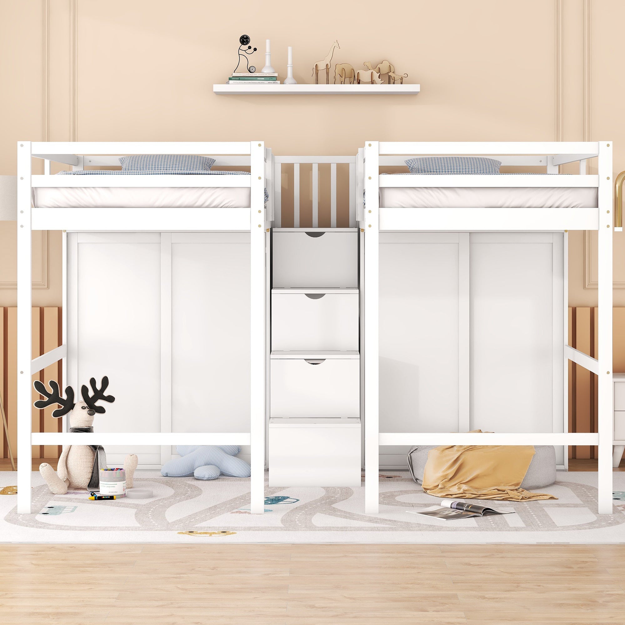 Double Twin Loft Beds with Wardrobes and Staircase, White - Atlantic Fine Furniture Melbourne FL