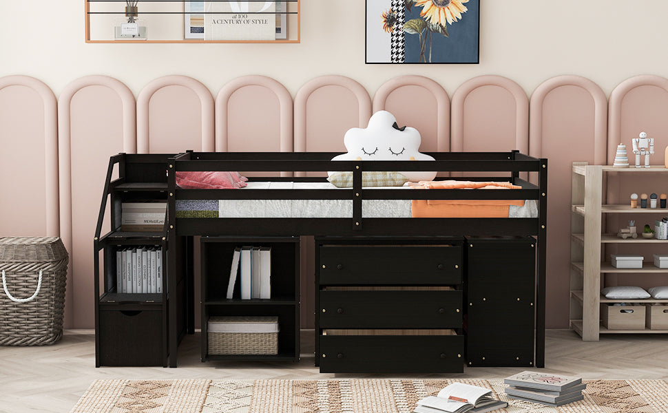 Twin Size Loft Bed with Retractable Writing Desk and 3 Drawers, Wooden Loft Bed with Storage Stairs and Shelves, Espresso - Atlantic Fine Furniture Melbourne FL