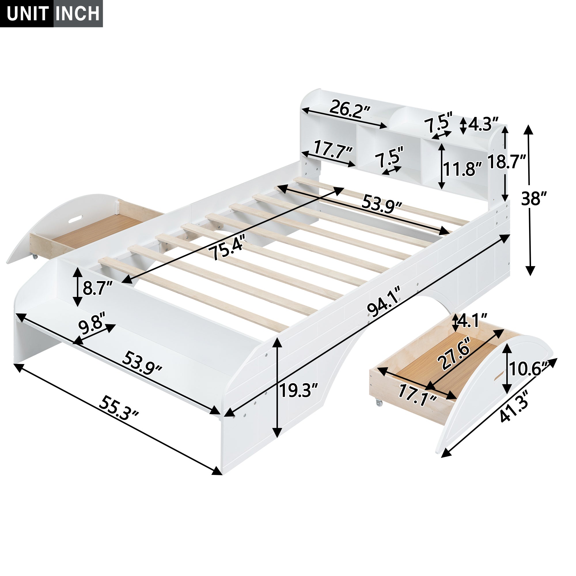 Wood Full Size Platform Bed with 2 Drawers, Storage Headboard and Footboard, White - Atlantic Fine Furniture Melbourne FL