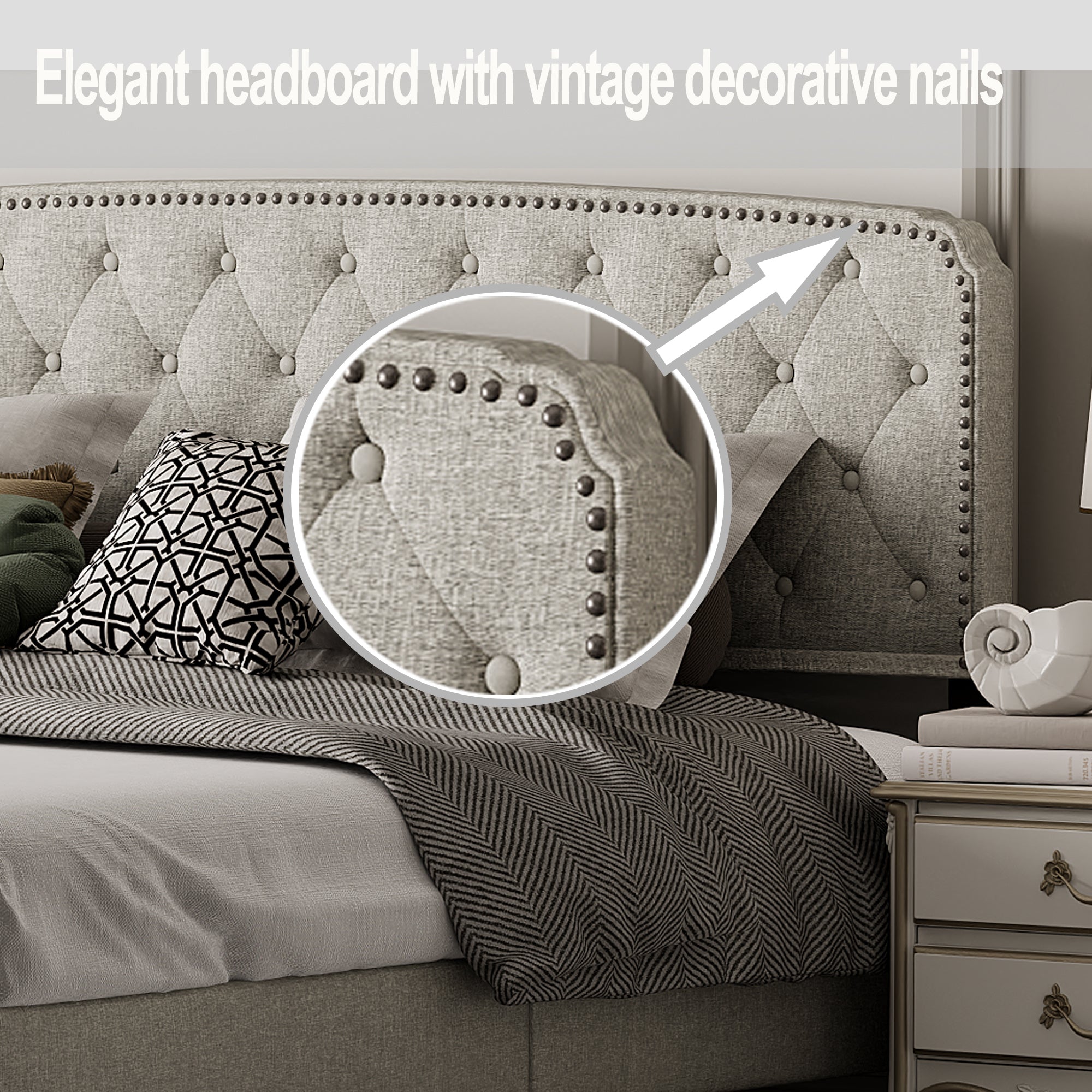 King size Adjustable Headboard with Fine Linen Upholstery and Button Tufting for Bedroom, Wave Top cream White