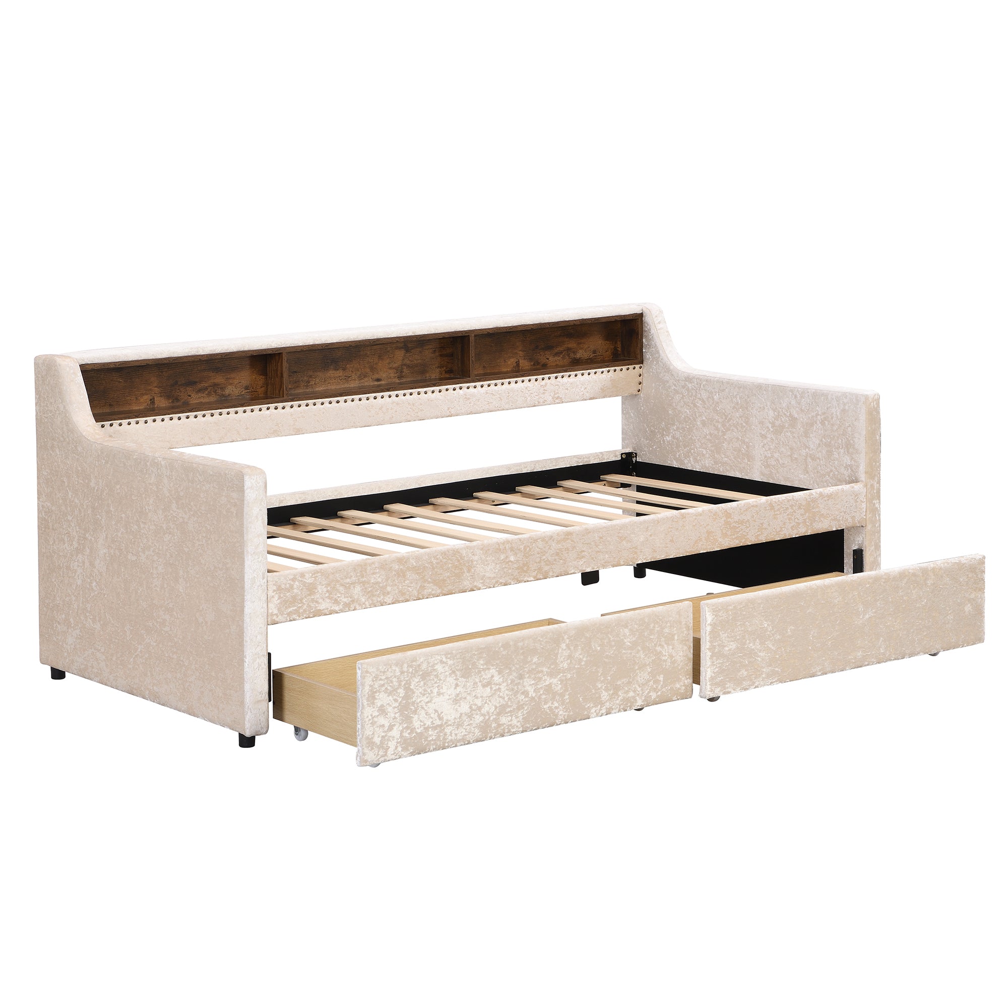 Twin Size Snowflake Velvet Daybed with Two Storage Drawers and Built-in Storage Shelves,Beige - Atlantic Fine Furniture Melbourne FL