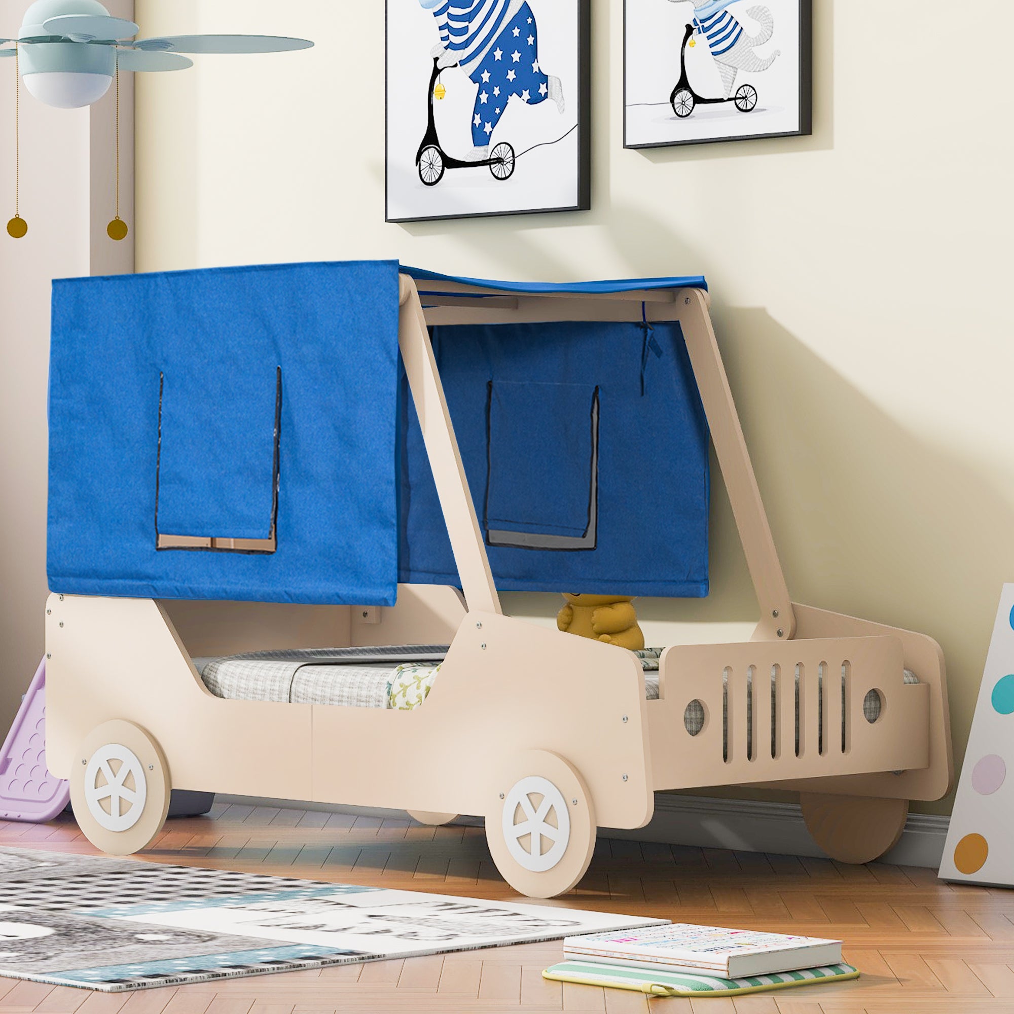 Twin Size Car Shaped Bed with Tents,Natural - Atlantic Fine Furniture Melbourne FL