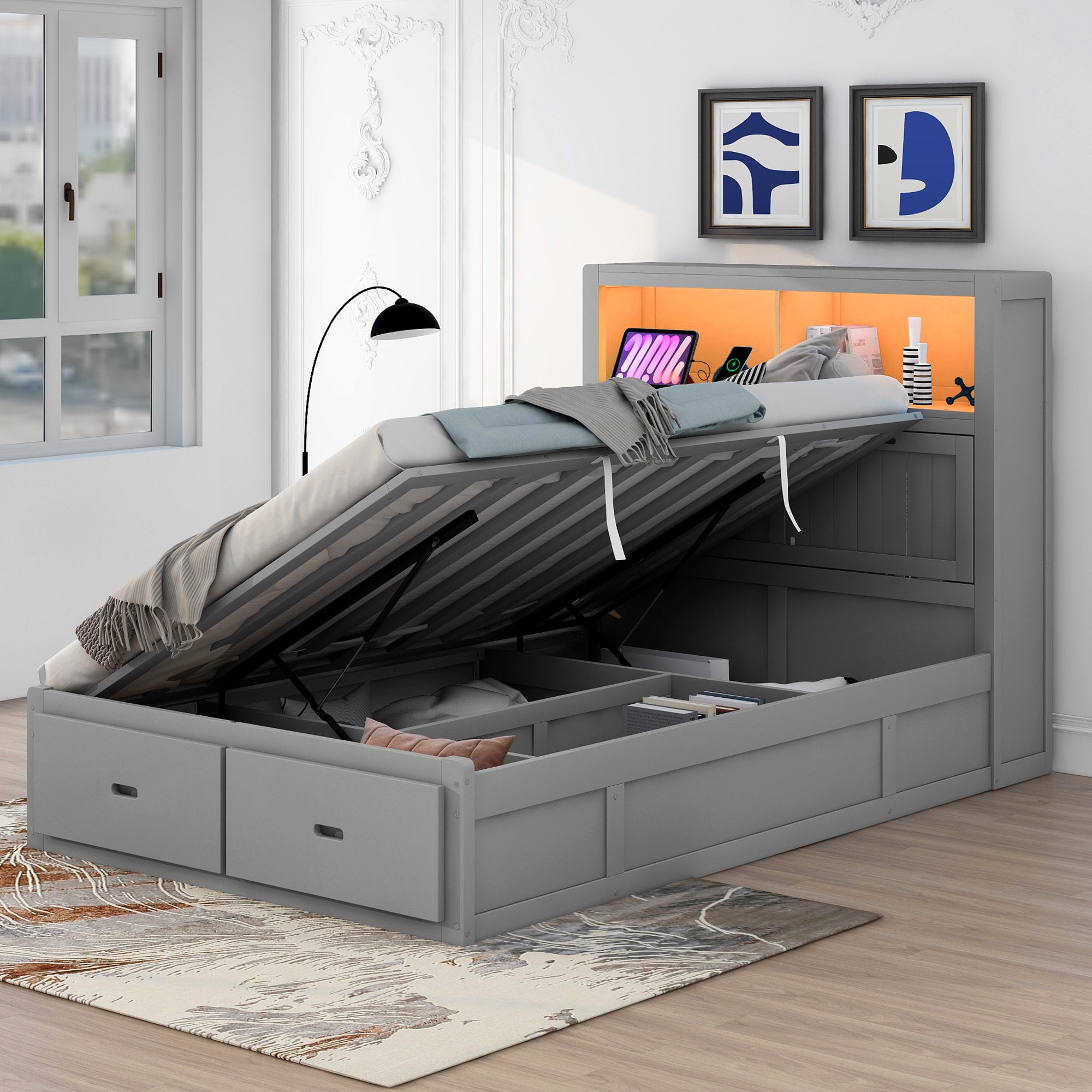Wood Full Size Hydraulic Platform Bed with Storage LED Headboard, Charging Station and 2 Drawers, Gray - Atlantic Fine Furniture Melbourne FL