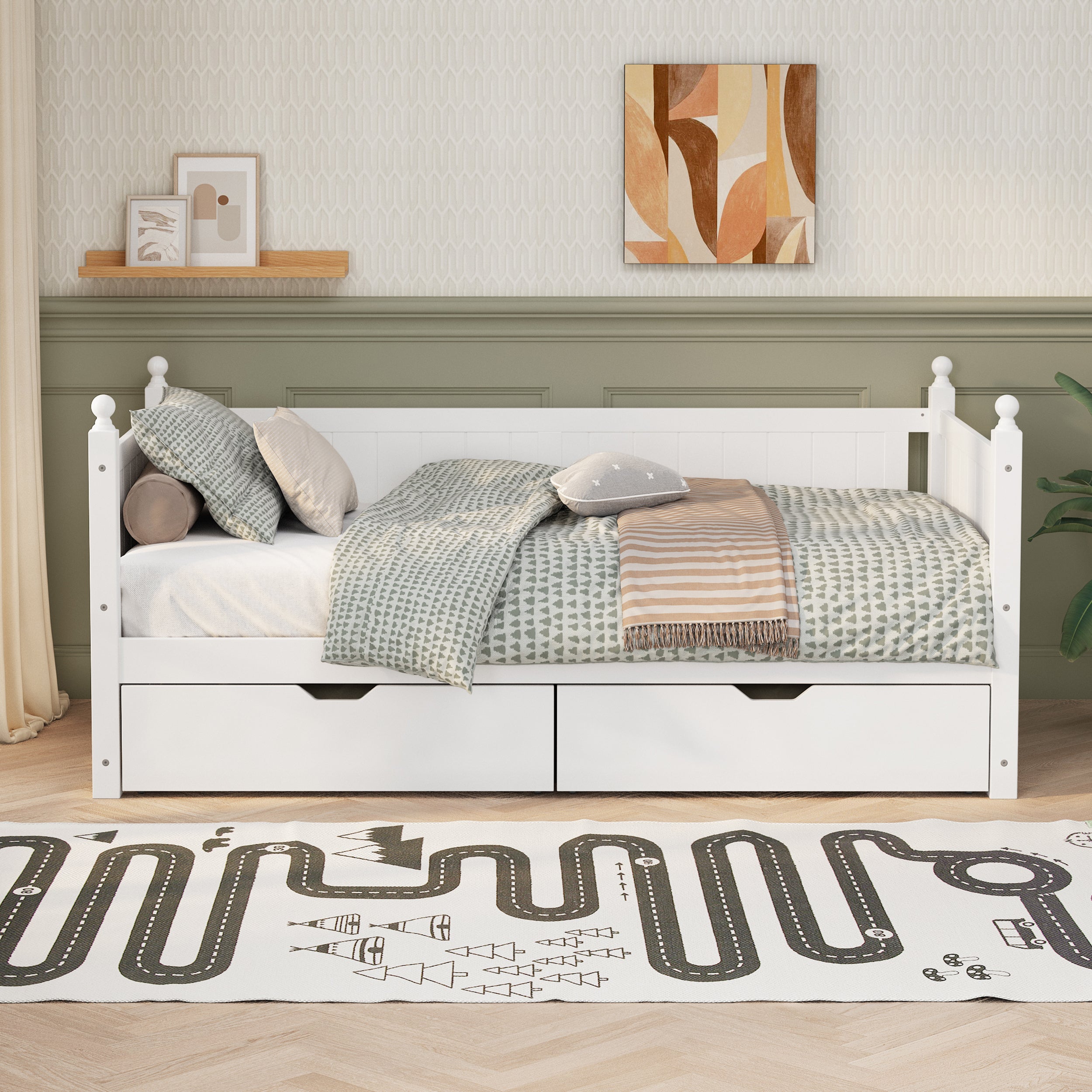 Twin Size Solid Wood Daybed with 2 drawers for Limited Space Kids, Teens, Adults, No Need Box Spring, White - Atlantic Fine Furniture Melbourne FL