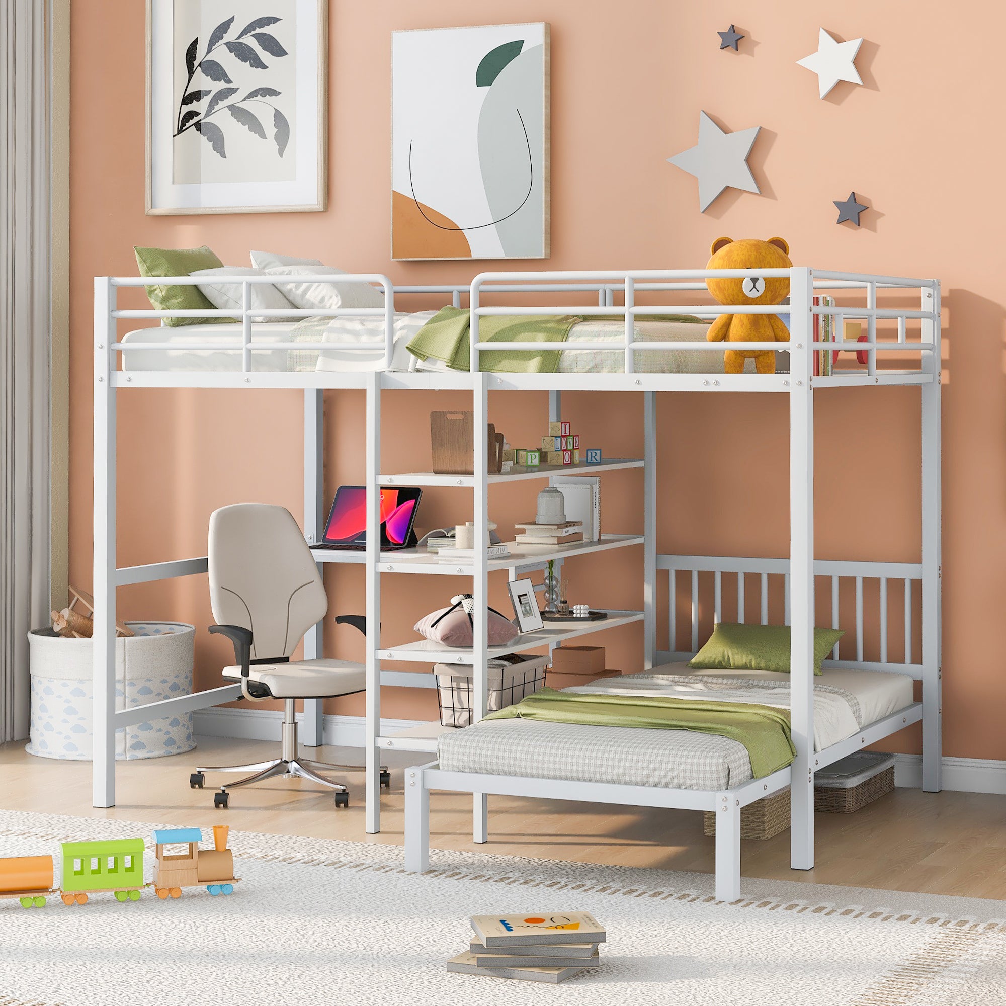 Full Over Twin Metal Bunk Bed with Built-in Desk, Shelves and Ladder, White - Atlantic Fine Furniture Melbourne FL