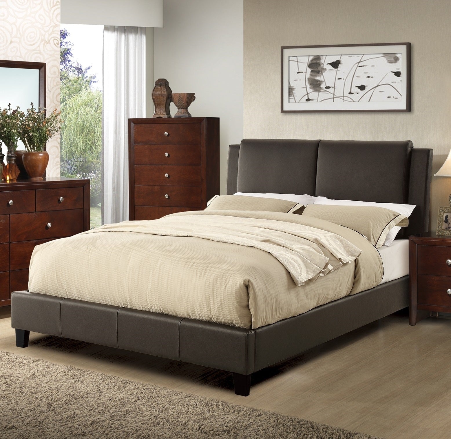 Queen Size Bed 1pc Bed Set Brown Faux Leather Upholstered Two-Panel Bed Frame Headboard Bedroom Furniture - Atlantic Fine Furniture Melbourne FL