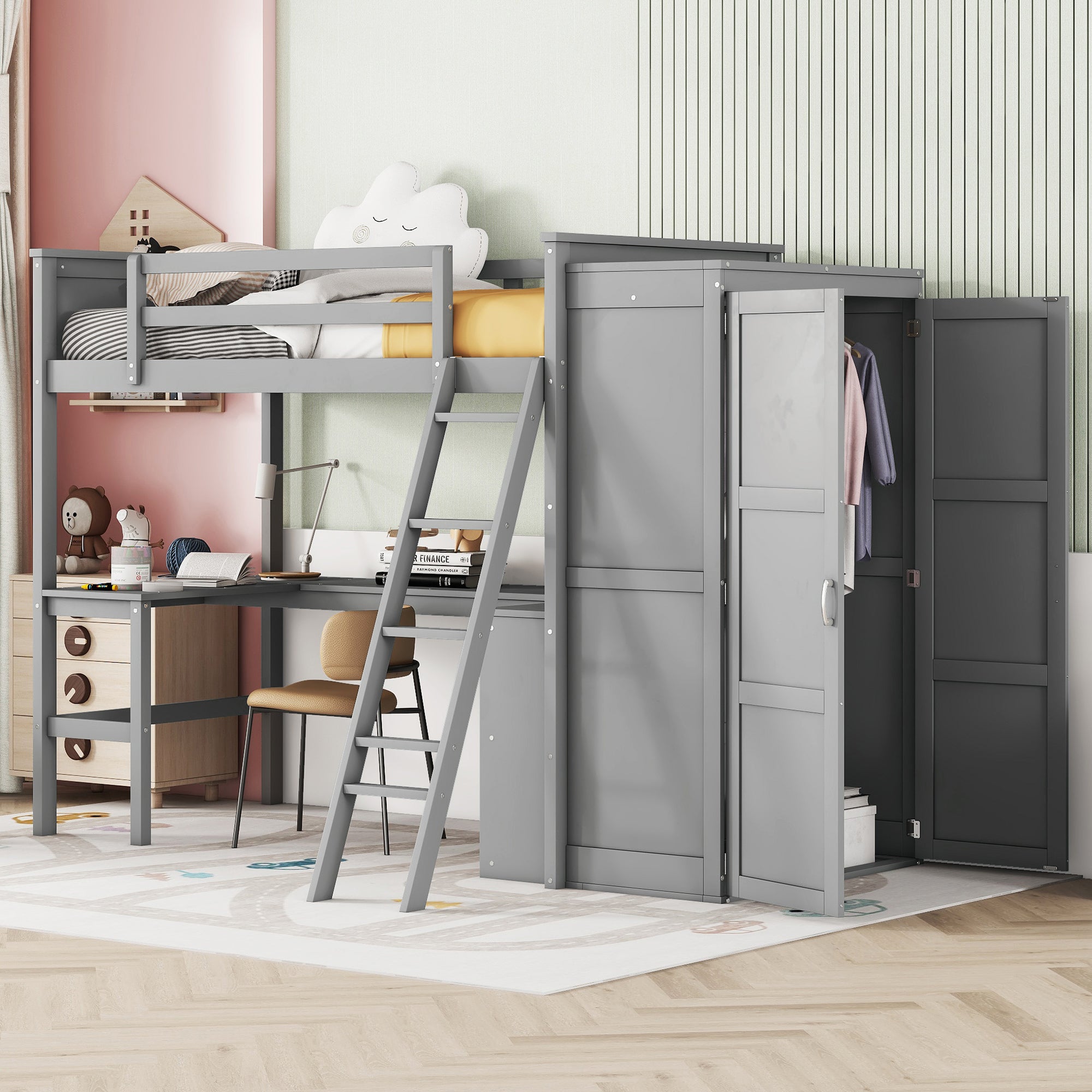 Twin size Loft Bed with Desk, Shelves and Wardrobe-Gray - Atlantic Fine Furniture Melbourne FL