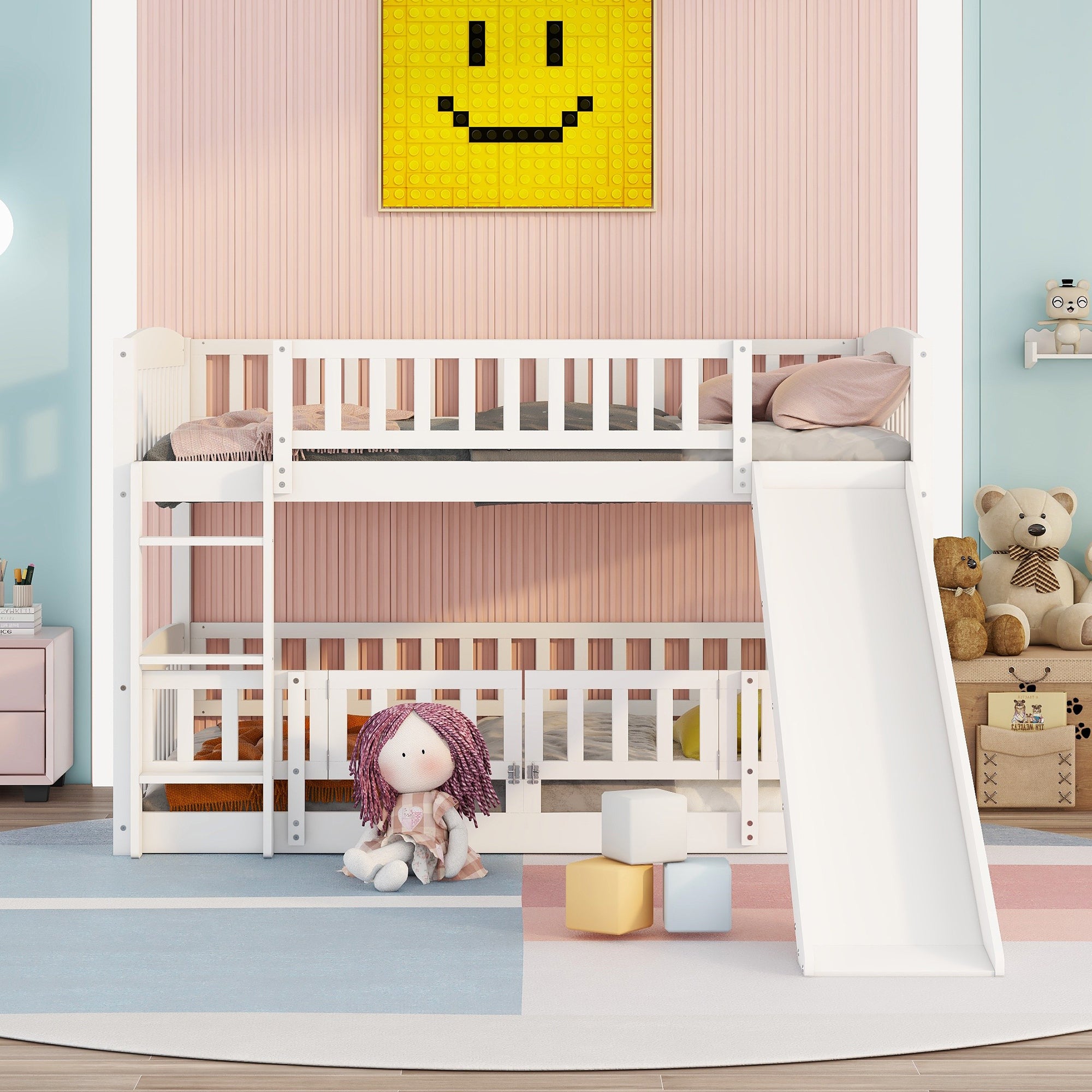 Bunk Bed with Slide,Full Over Full Low Bunk Bed with Fence and Ladder for Toddler Kids Teens White - Atlantic Fine Furniture Melbourne FL