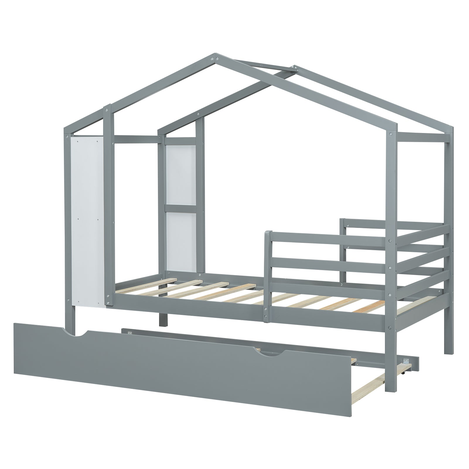 Twin Size Wood House Bed with Fence and Writing Board, Gray - Atlantic Fine Furniture Melbourne FL
