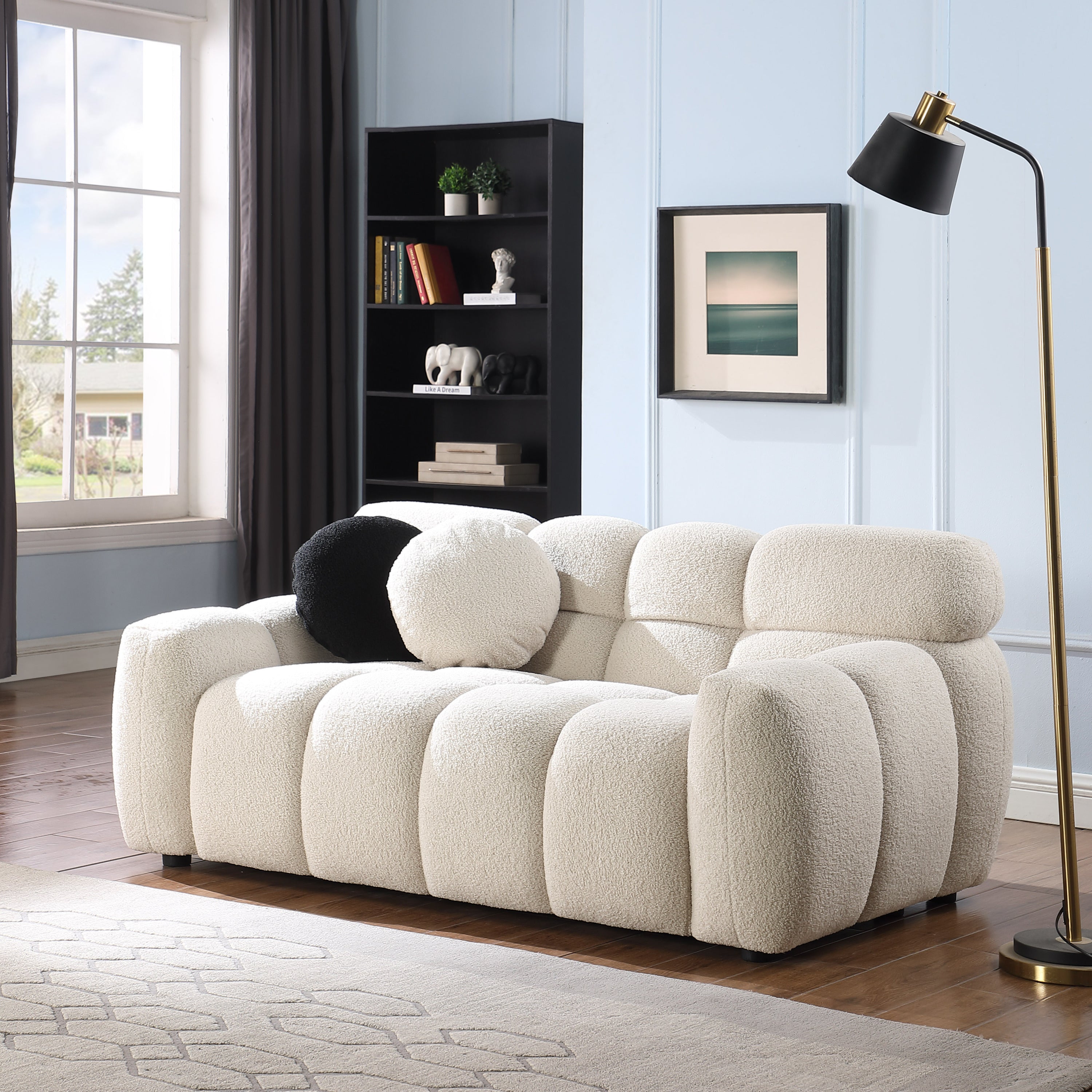 64.96 length ,35.83" deepth ,human body structure for USA people, marshmallow sofa,boucle sofa ,2 seater, BEIGE BOUCLE