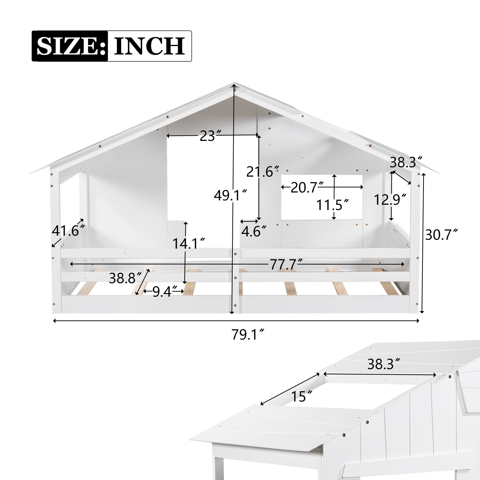 Wood Twin Size House Bed with Roof, Window and Guardrail, White - Atlantic Fine Furniture Melbourne FL