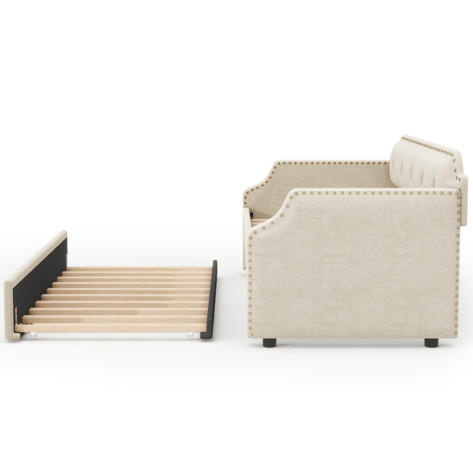 Upholstered Daybed with Trundle, Wood Slat Support,Upholstered Frame Sofa Bed, Twin, Beige - Atlantic Fine Furniture Melbourne FL