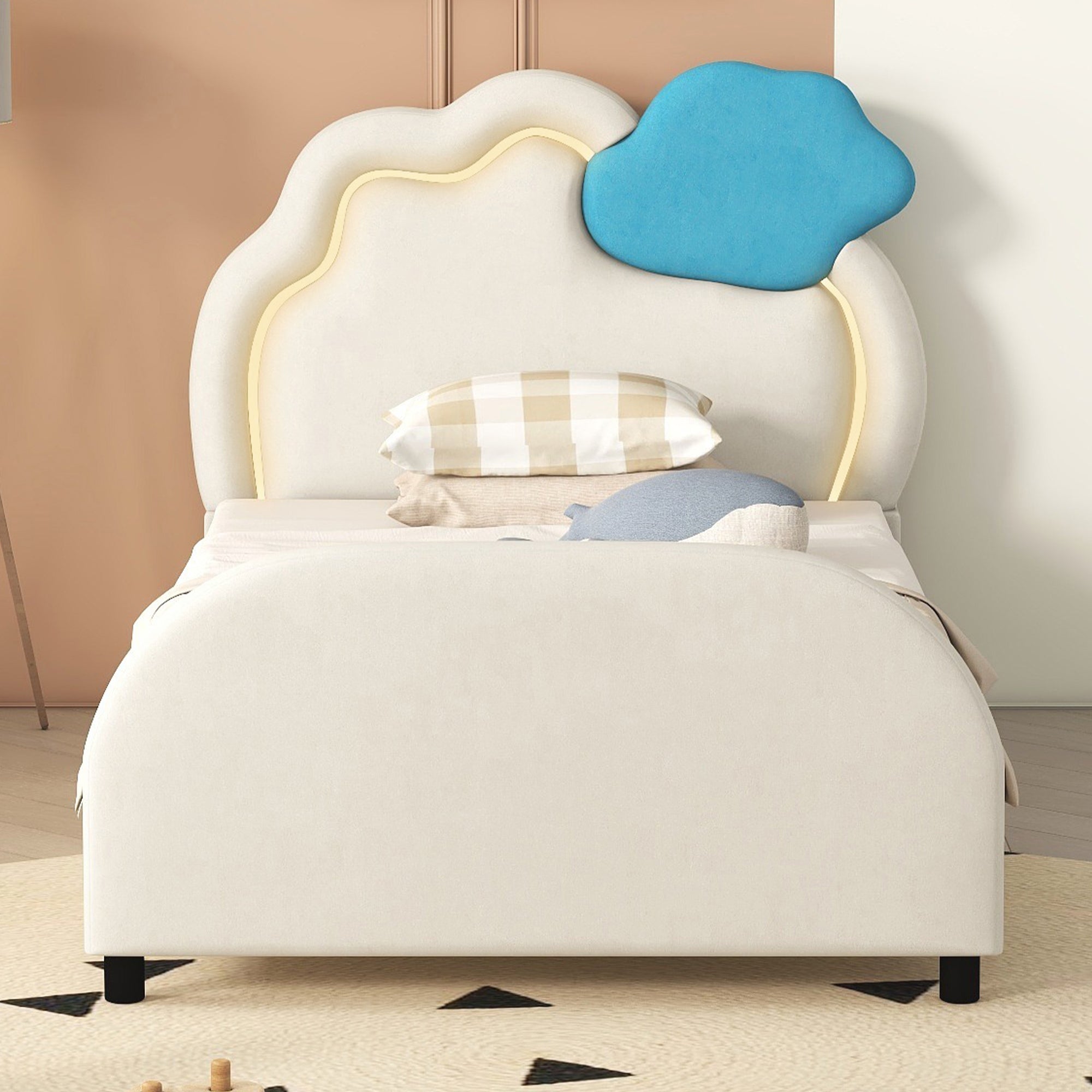 Twin Size Upholstered Platform Bed with Cloud-Shaped Headboard and Embedded Light Stripe, Velvet, Beige - Atlantic Fine Furniture Melbourne FL