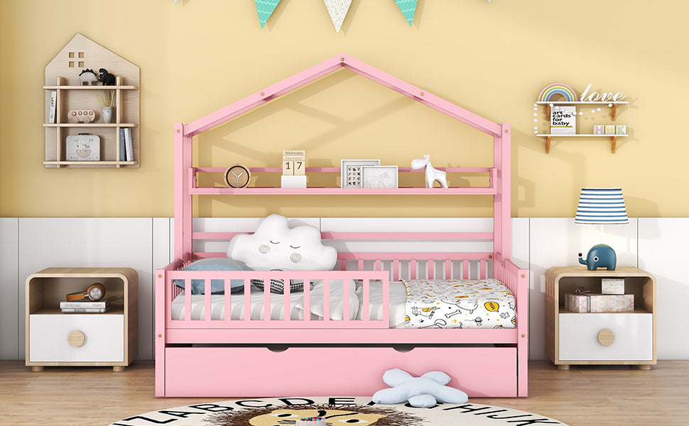 Wooden Full Size House Bed with Twin Size Trundle,Kids Bed with Shelf, Pink - Atlantic Fine Furniture Melbourne FL