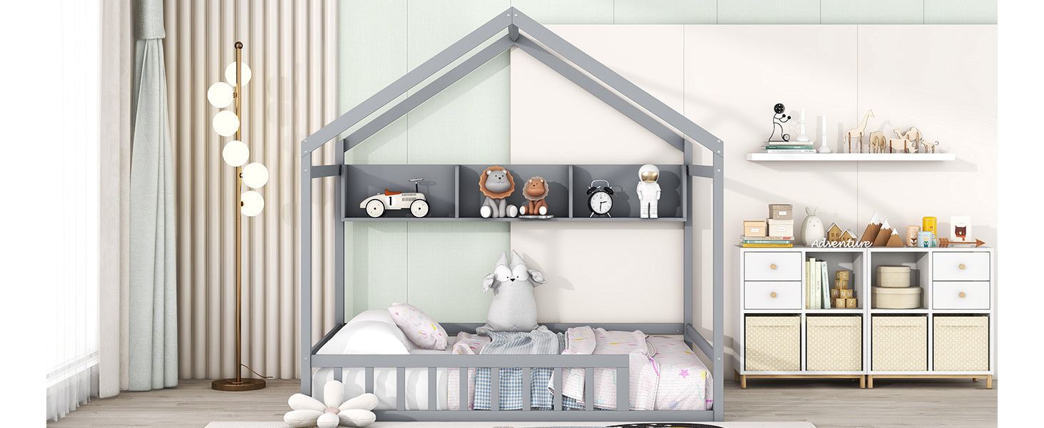 Wooden Full Size House Bed with Storage Shelf,Kids Bed with Fence and Roof, Gray - Atlantic Fine Furniture Melbourne FL