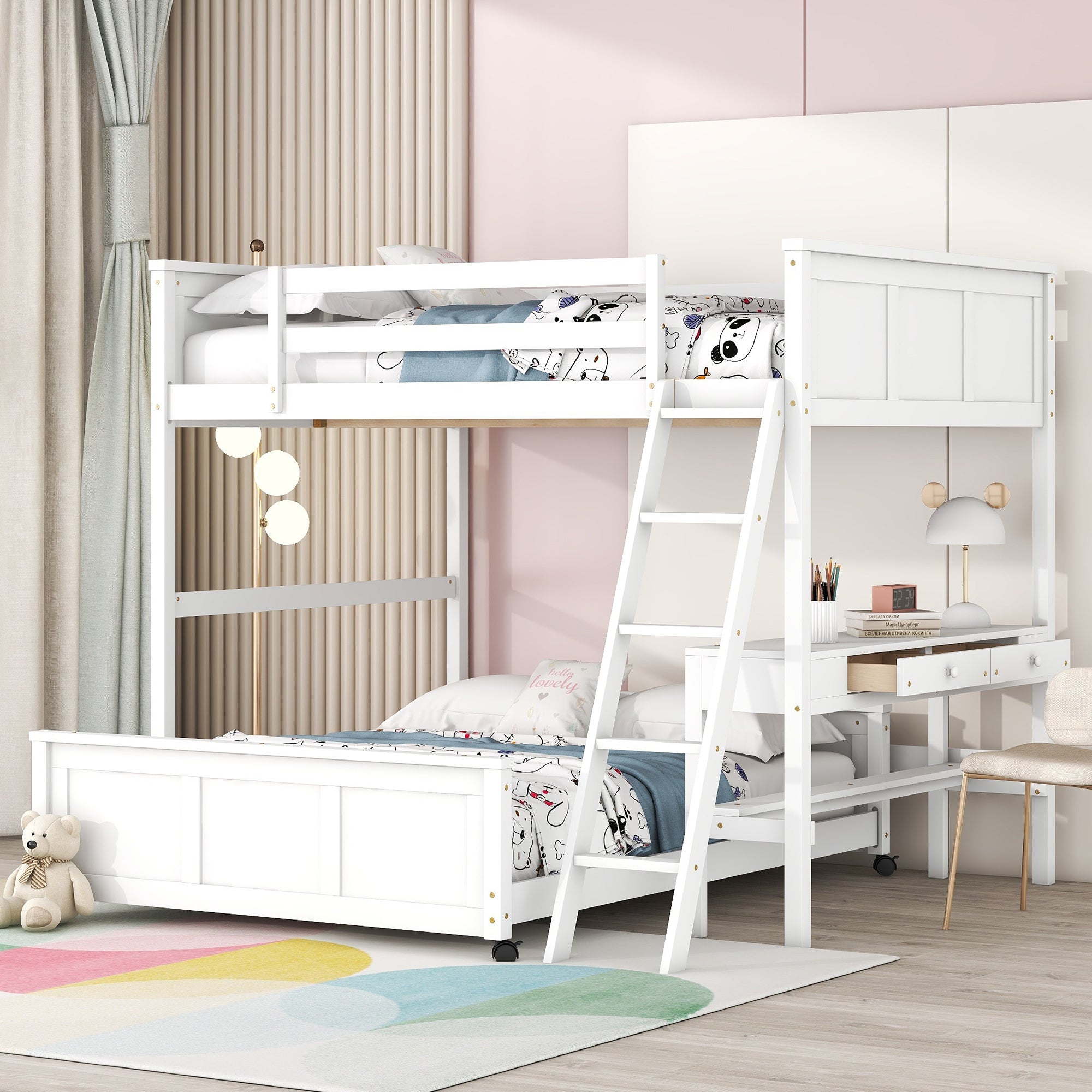 Full Over Full Bunk Bed with Desk, White - Atlantic Fine Furniture Melbourne FL