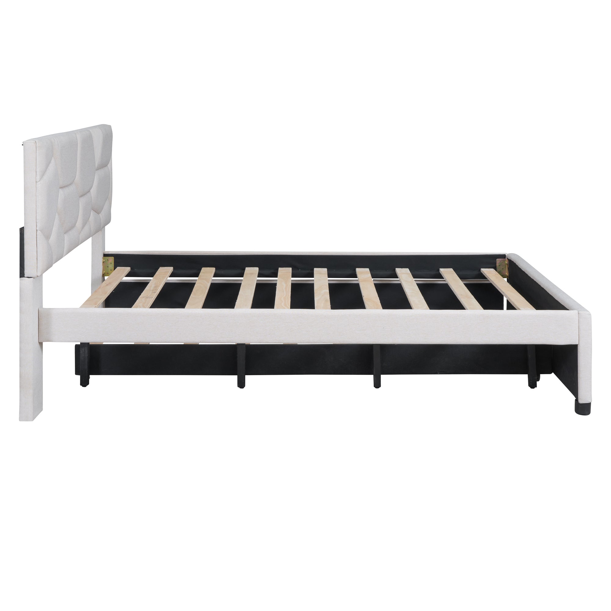 Full Size Upholstered Platform Bed with Brick Pattern Headboard and Twin Size Trundle, Linen Fabric, Beige - Atlantic Fine Furniture Melbourne FL